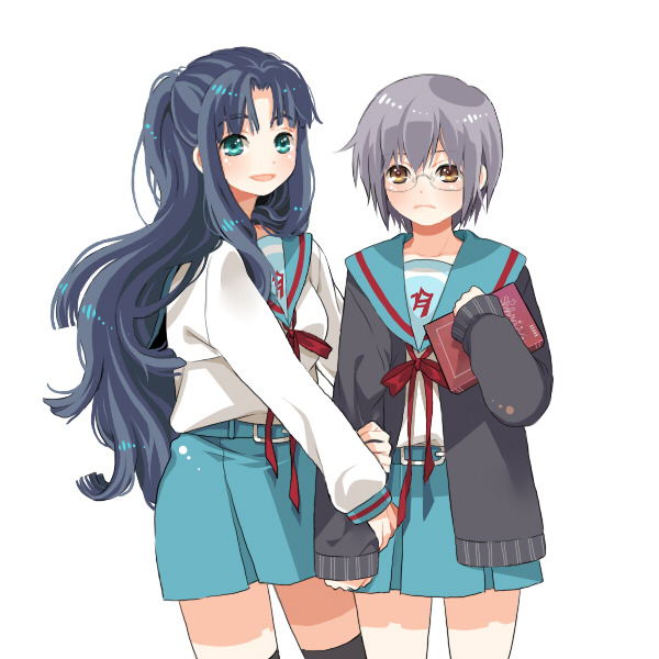 asakura ryoko, nagato yuki, suzumiya haruhi no yuuutsu, bad id, bad pixiv id, 00s, glasses, school uniform, serafuku, thighhighs