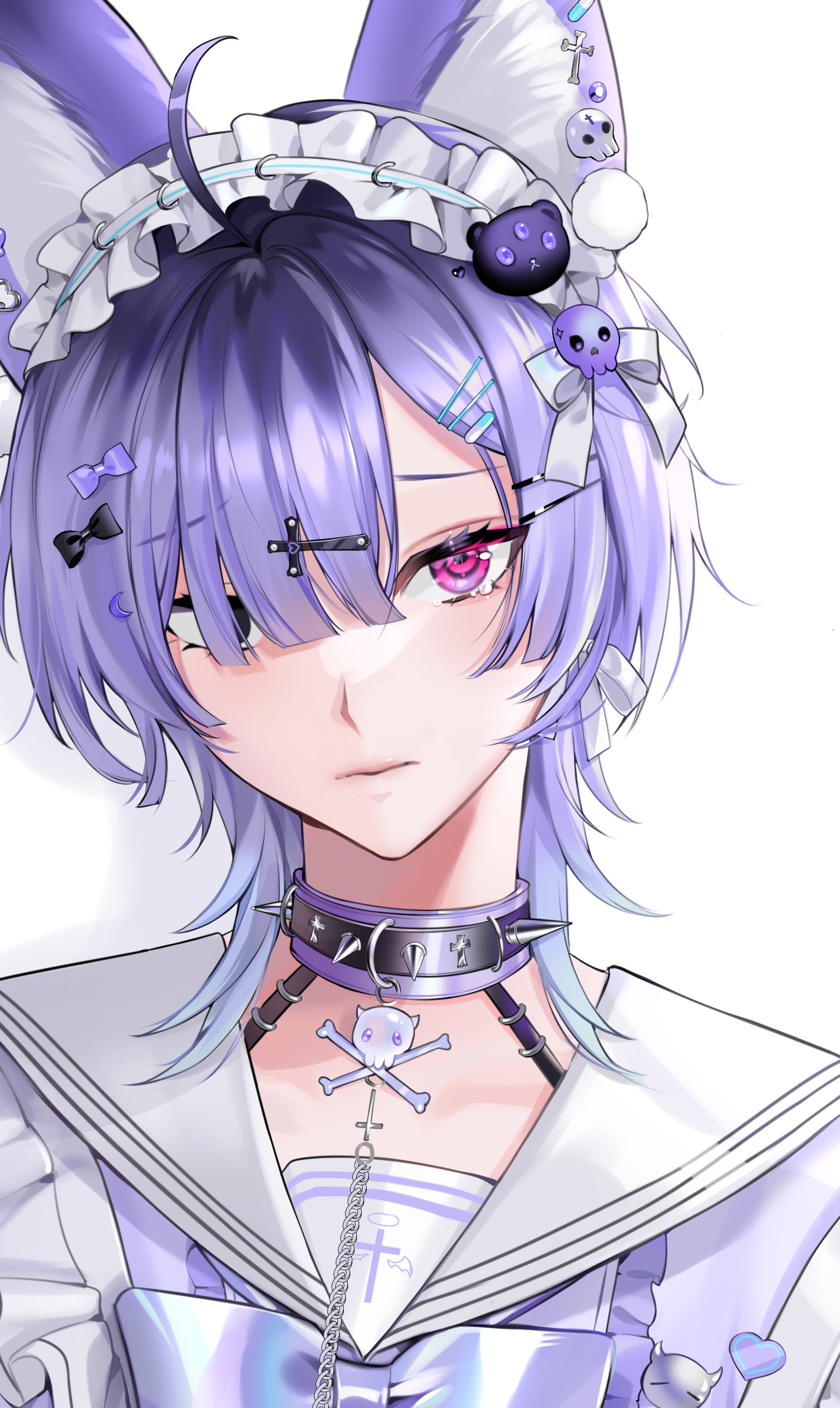 saga666, original, absurdres, highres, 1boy, ahoge, androgynous, animal ears, black bow, black eyes, bow, choker, closed mouth, cross hair ornament, fox boy, fox ears, frilled hairband, frills, hair bow, hair ornament, hair over one eye, hairband, heterochromia, looking at viewer, male focus, parted bangs, pink eyes, purple bow, purple choker, purple hair, sailor collar, shirt, short hair, simple background, solo, spiked choker, spikes, tearing up, upper body, white background, white hairband, white sailor collar, white shirt