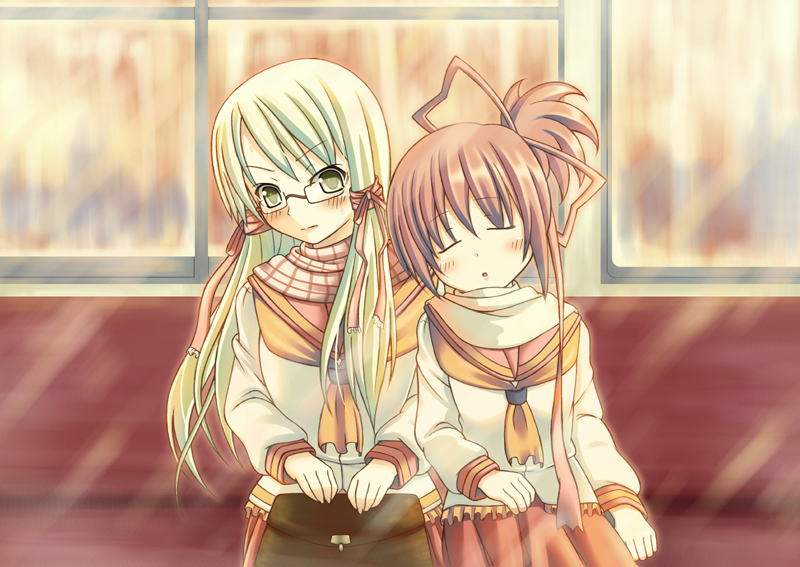 nukunuku (hinataboltuko), 2girls, blush, glasses, multiple girls, scarf, school uniform, serafuku, sitting, sleeping, sleeping upright, train