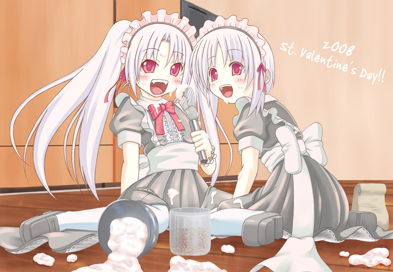 nukunuku (hinataboltuko), black footwear, silver hair, 2girls, albino, loafers, long hair, maid, maid headdress, multiple girls, open mouth, pale skin, panties, pantyhose, puffy short sleeves, puffy sleeves, red eyes, shoes, short hair, short sleeves, sitting, twintails, underwear, valentine, white panties
