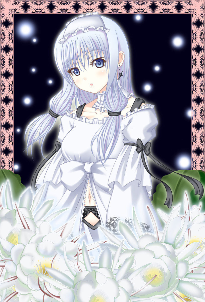 nukunuku (hinataboltuko), original, silver hair, highres, blue eyes, detached collar, dress, earrings, flower, jewelry, solo
