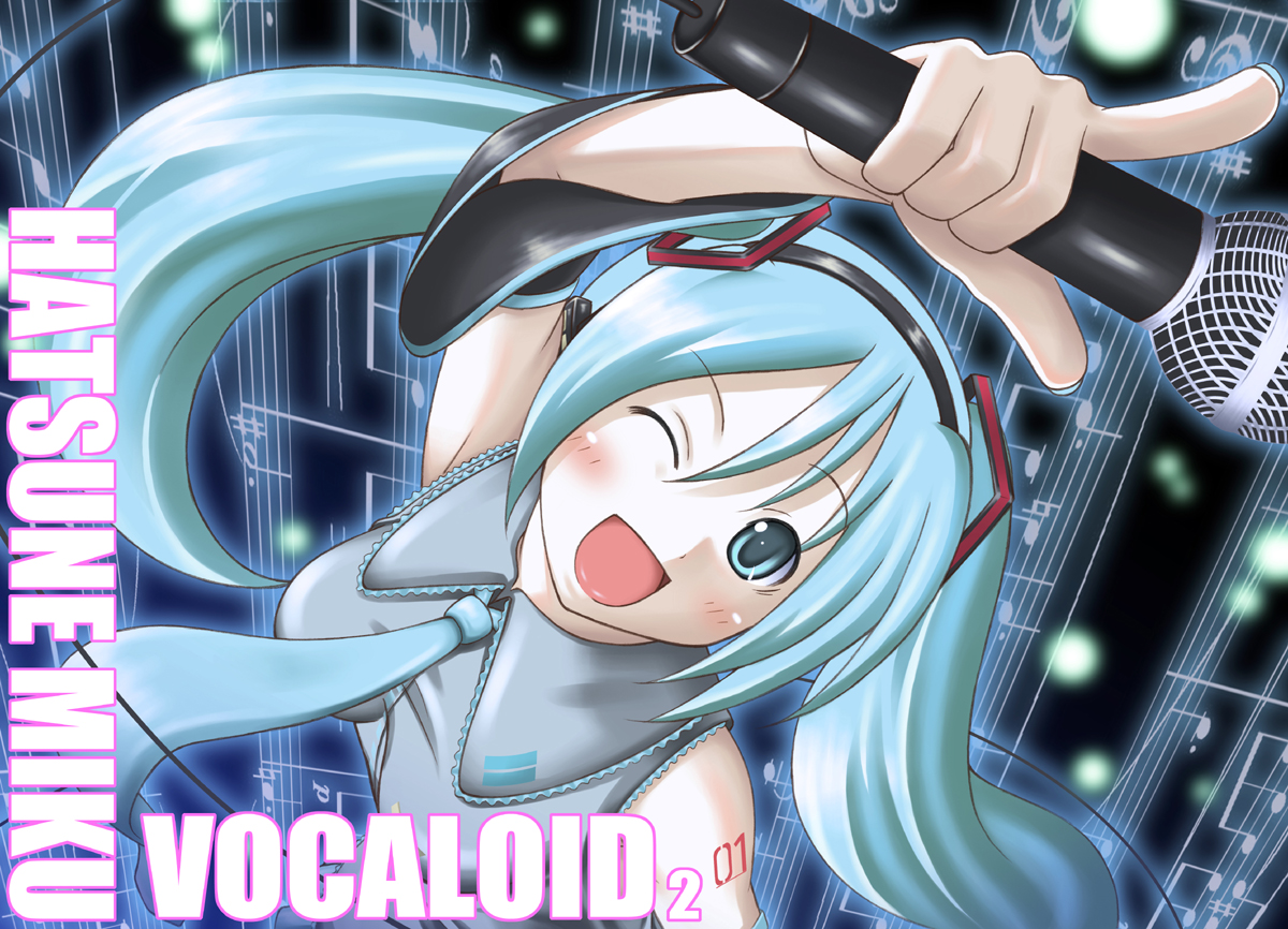 nukunuku (hinataboltuko), hatsune miku, vocaloid, bad id, bad pixiv id, 1girl, aqua eyes, aqua hair, female focus, microphone, musical note, necktie, one eye closed, open mouth, smile, solo, twintails, wink