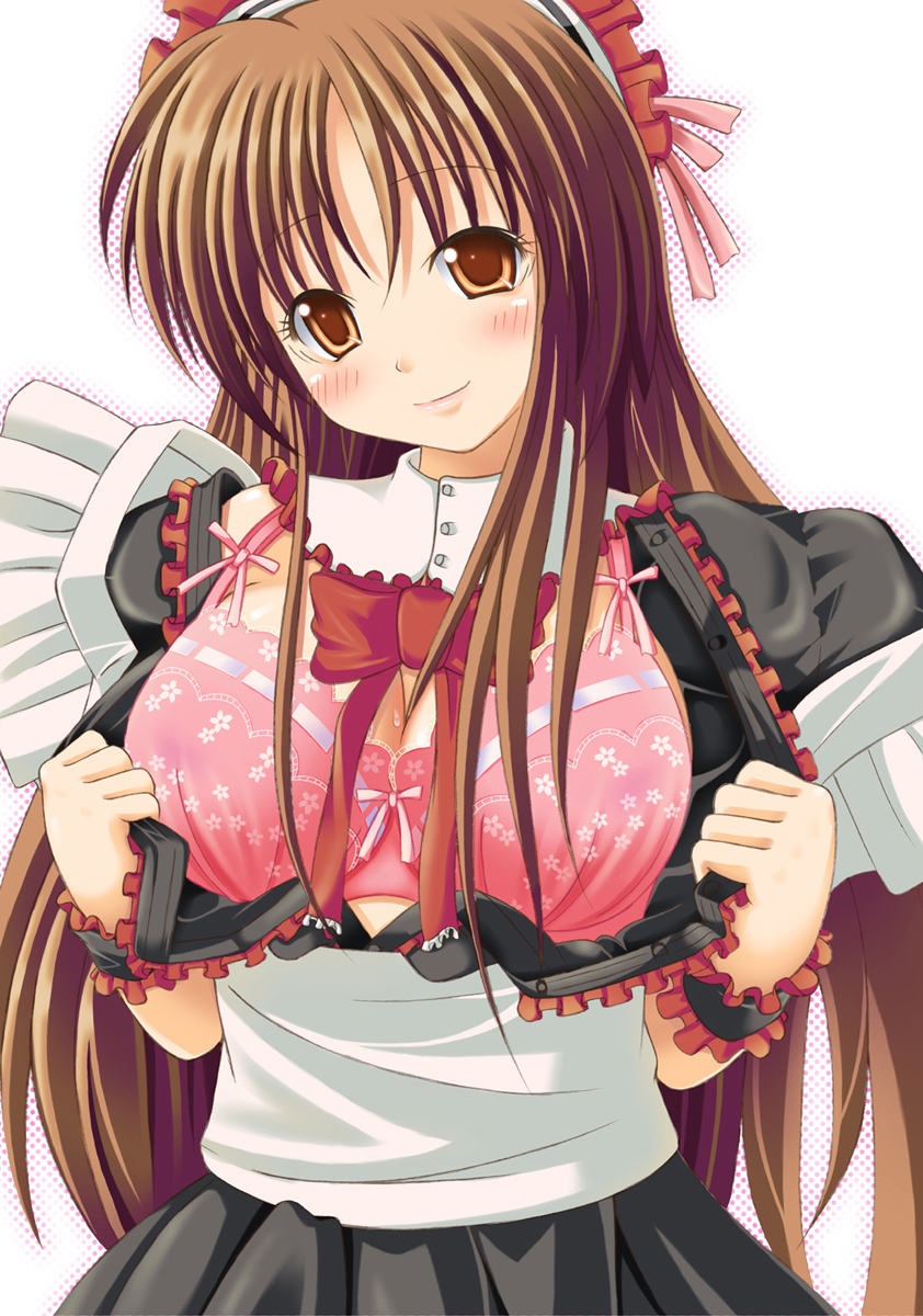 nukunuku (hinataboltuko), original, highres, 1girl, blush, bra, breasts, brown eyes, brown hair, cleavage, female focus, large breasts, lingerie, maid, open clothes, open shirt, shirt, smile, solo, underwear