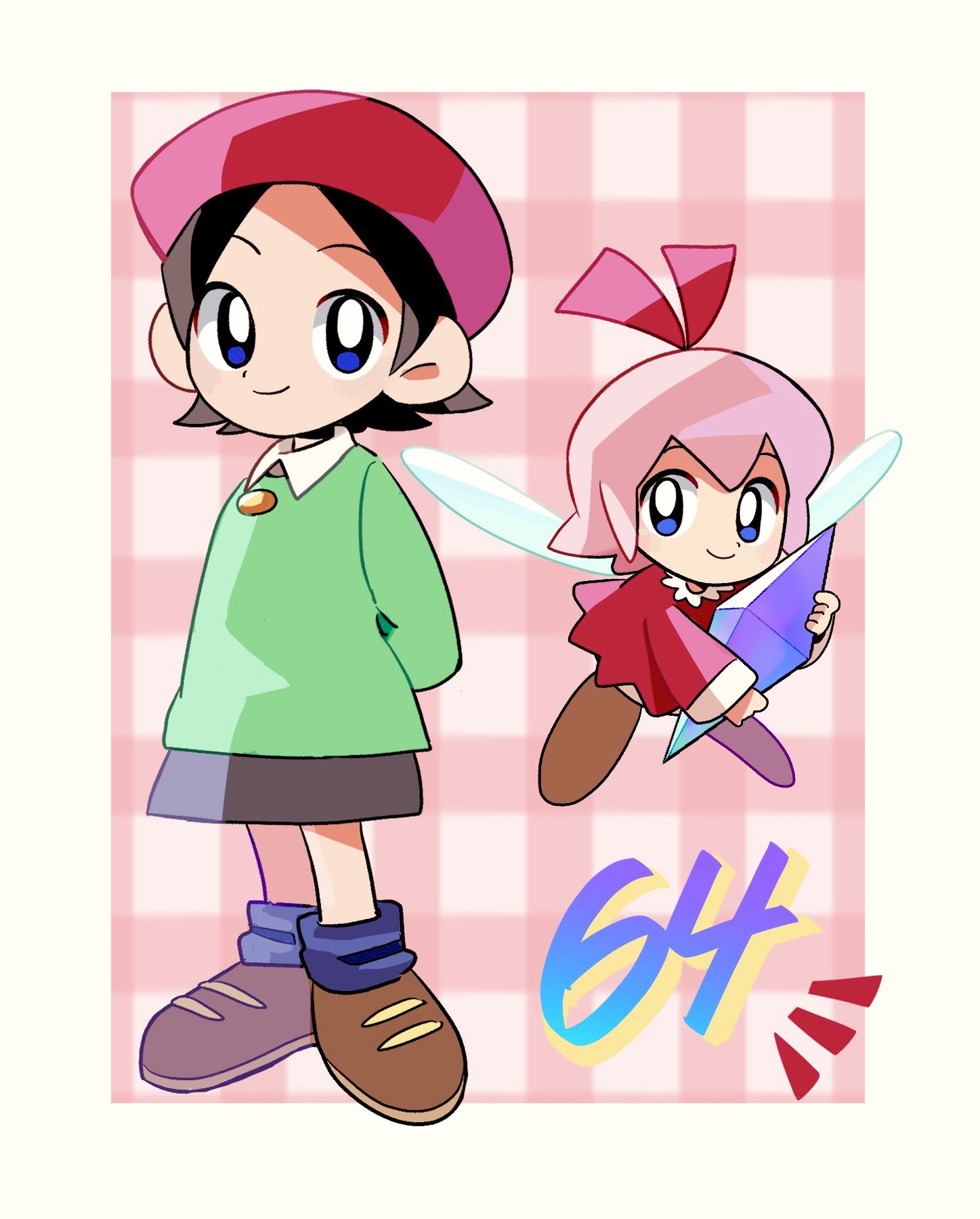 adeleine, ribbon (kirby), kirby (series), kirby 64, nintendo, highres, 2girls, arms behind back, beret, black hair, brown shoes, crystal, fairy, fairy wings, grey skirt, hat, holding, holding crystal, looking at viewer, multiple girls, pink hair, red hat, shoes, skirt, smile, smock, socks, tako (katw4223), wings