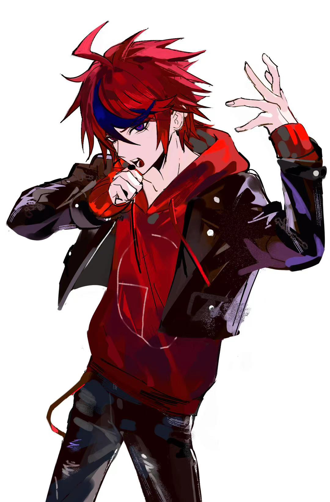 binxngchng1, sumino takumi, the hundred line -last defense academy-, chinese commentary, commentary request, highres, 1boy, ahoge, arm up, black jacket, black pants, blue eyes, blue hair, cowboy shot, hand up, hood, hoodie, jacket, jacket over hoodie, leather, leather jacket, male focus, multicolored hair, official alternate costume, open clothes, open jacket, open mouth, pants, red hair, red hoodie, short hair, simple background, sleeves past wrists, solo, streaked hair, two-tone hair, white background