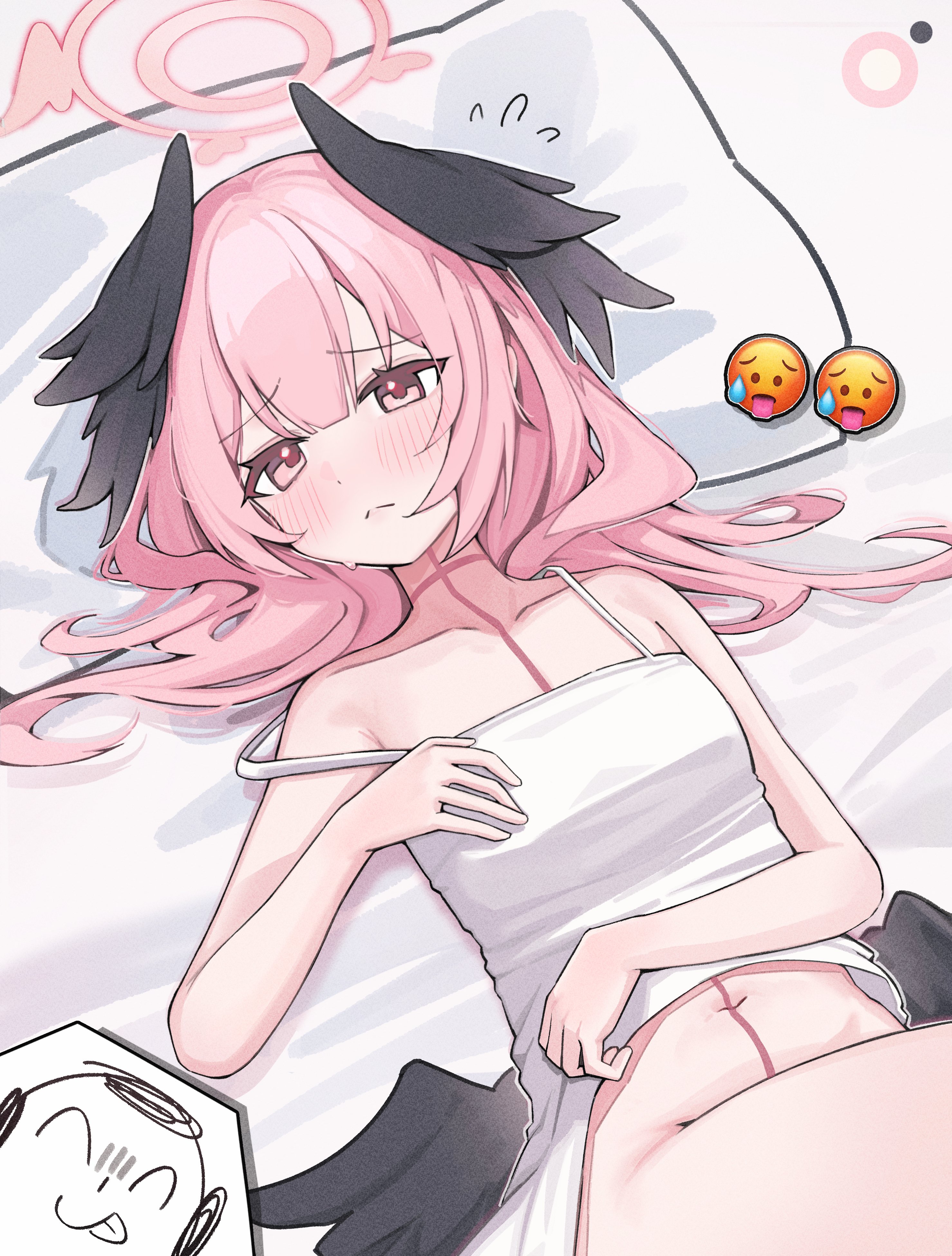 ximgyeon, doodle sensei (blue archive), koharu (blue archive), sensei (blue archive), blue archive, absurdres, commentary, highres, 1girl, alternate costume, ass, bed sheet, black choker, black wings, bottomless, choker, crop top, emoji, feathered wings, hair between eyes, halo, head wings, long hair, looking at viewer, lying, navel, on back, pillow, pink eyes, pink hair, pink halo, sidelocks, simple background, solo, spaghetti strap, spoken character, stomach, wings