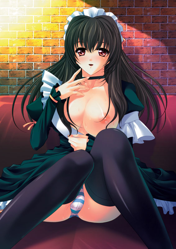 1girl, black hair, breasts, female focus, large breasts, maid, panties, red eyes, solo, striped clothes, striped panties, thighhighs, underwear