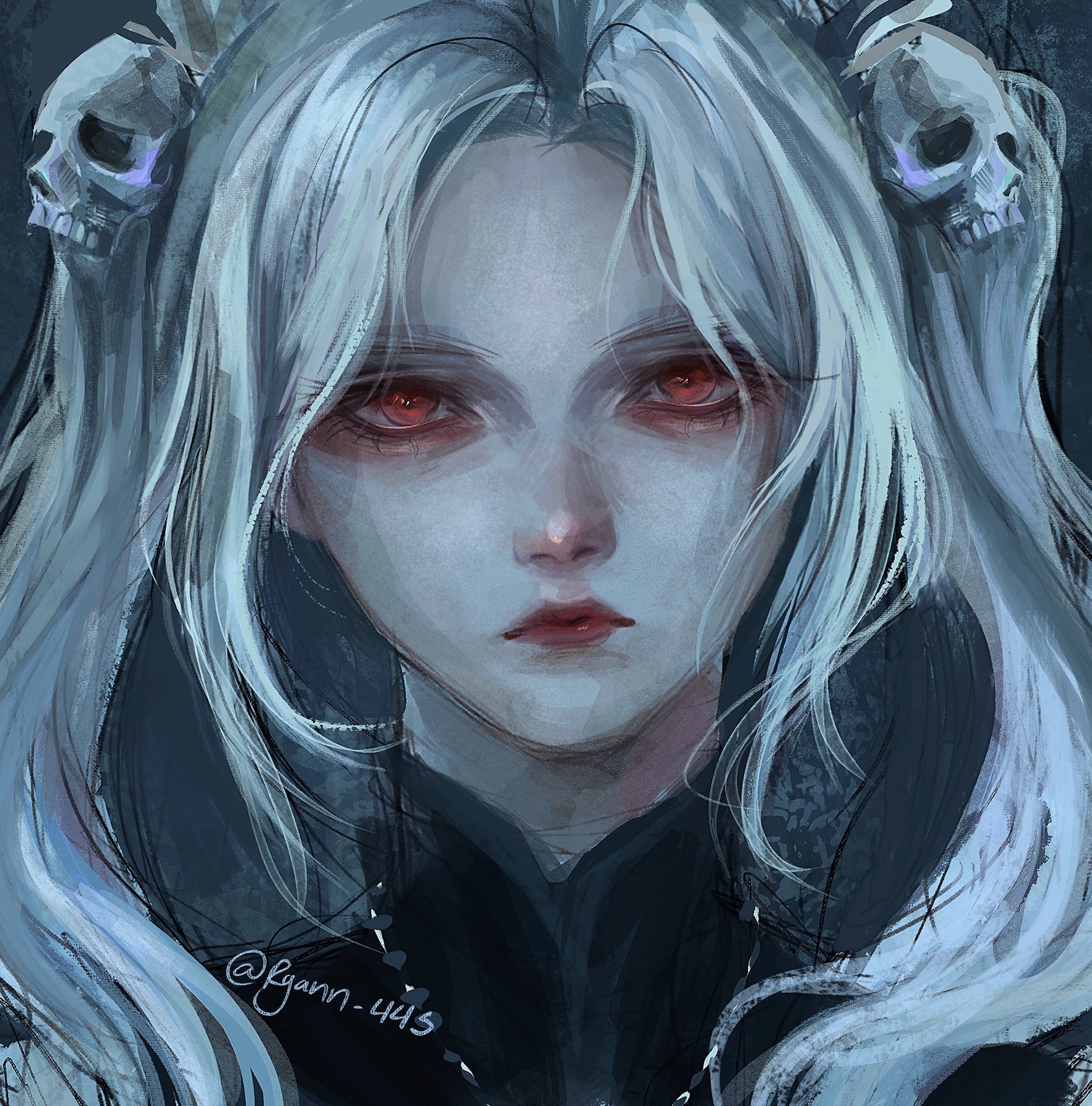 ryann-445, bloody marie (skullgirls), skullgirls, 1girl, bags under eyes, blue background, facing viewer, hair ornament, lipstick, looking at viewer, makeup, portrait, red eyes, red lips, skull hair ornament, solo, twintails