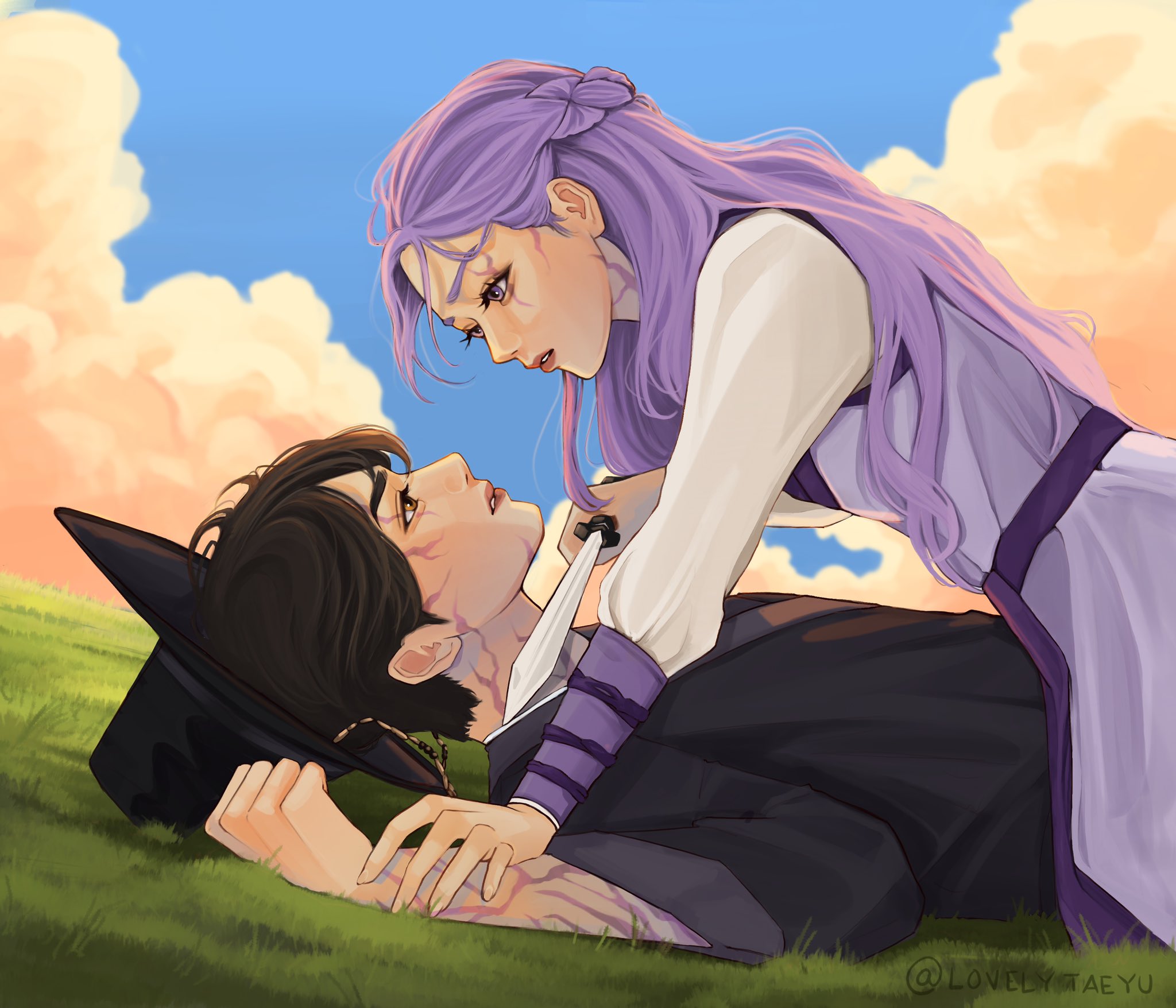 jinu (kpop demon hunters), rumi (kpop demon hunters), kpop demon hunters, commentary, highres, 1boy, 1girl, black hair, body markings, brown eyes, eye contact, gat (hat), half updo, hat, holding, holding knife, knife, long hair, looking at another, lovelytaeyu, outdoors, parted lips, profile, purple eyes, purple hair, short hair, twitter username