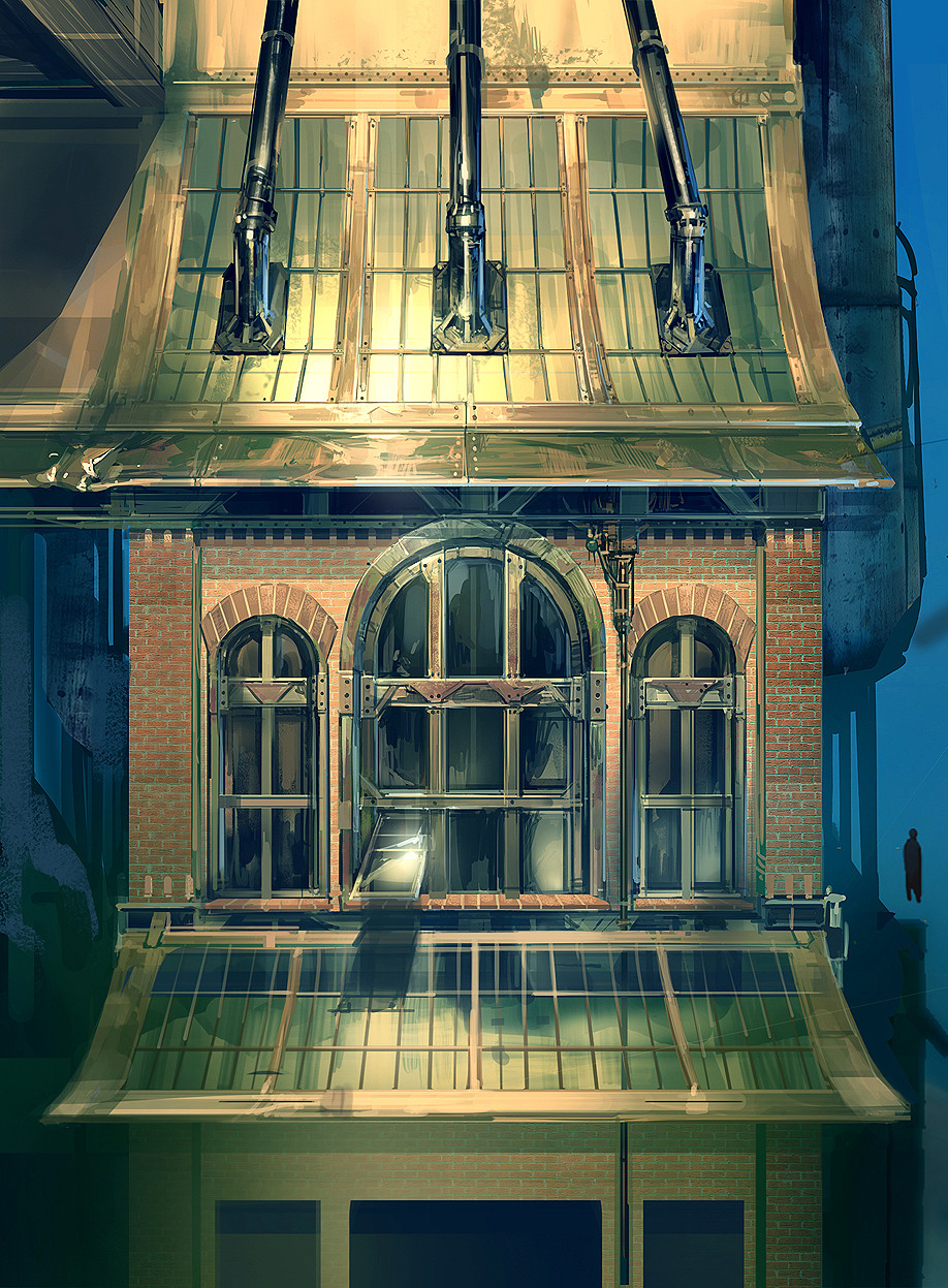 ben lo, bioshock, bioshock (series), bioshock infinite, highres, arched window, awning, brick wall, factory, industrial pipe, night, no humans, open window, outdoors, painterly, scenery, window