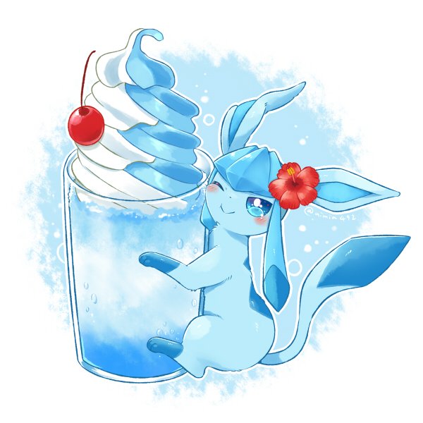 aimi (aimia492), glaceon, nintendo, pokemon, commentary request, animal focus, blue eyes, blush, cherry, closed mouth, cup, drink, flower, food, fruit, gen 4 pokemon, ice cream, no humans, one eye closed, pokemon (creature), pokemon focus, smile