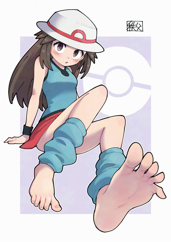 chichibu (watson), leaf (pokemon), nintendo, pokemon, pokemon frlg, commentary request, commission, skeb commission, 1girl, barefoot, blush, brown eyes, brown hair, bucket hat, feet, foot focus, full body, hair flaps, hat, leg warmers, long hair, looking at viewer, poke ball symbol, shirt, sidelocks, signature, skirt, sleeveless, sleeveless shirt, soles, solo, toes, white hat