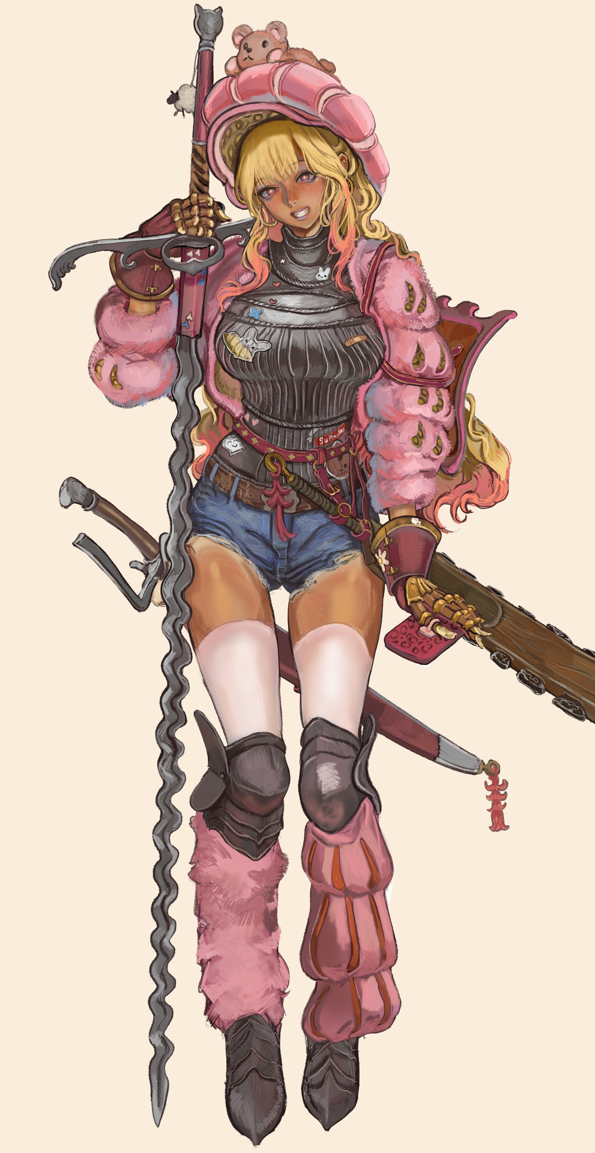 kkghost tv, gyaru landsknecht (centurii-chan), original, absurdres, highres, 1girl, armor, blonde hair, blunt bangs, blush, breastplate, cellphone, colored tips, denim, denim shorts, gauntlets, gorget, grin, hat, holding, holding phone, holding sword, holding weapon, jacket, knee guards, landsknecht, leg warmers, long hair, multicolored hair, phone, pink hat, pink jacket, pink leg warmers, purple eyes, sabaton, short shorts, shorts, sidelocks, smartphone, smile, solo, star-shaped pupils, star (symbol), stuffed animal, stuffed toy, sword, symbol-shaped pupils, tan, thighhighs, weapon, white thighhighs, zweihander