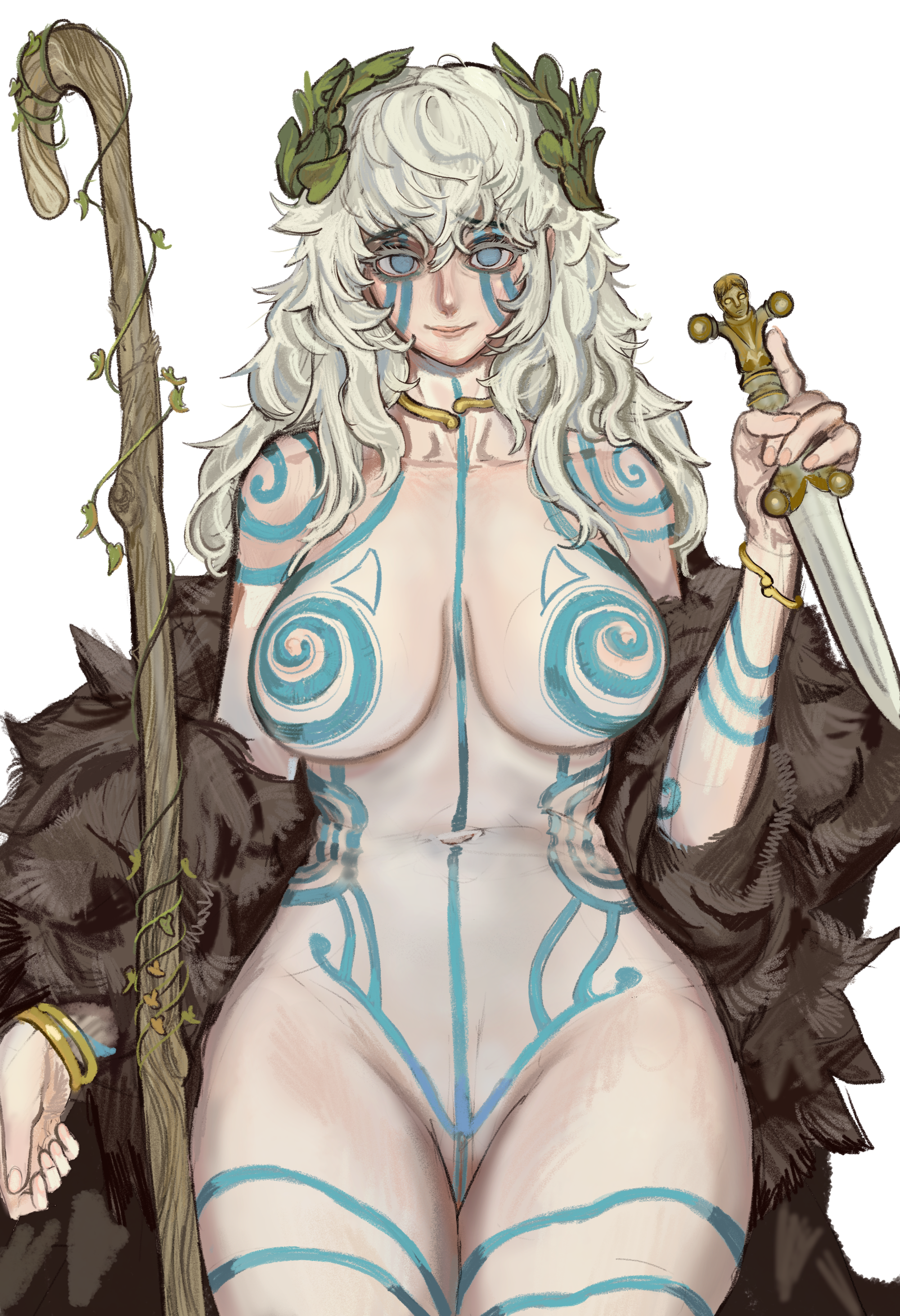 kkghost tv, pictish witch (anonhistory), original, absurdres, highres, 1girl, blue eyes, bodypaint, breasts, closed mouth, dagger, fur jacket, hair between eyes, head wreath, holding, holding dagger, holding knife, holding weapon, jacket, knife, large breasts, long hair, nude, paint, smile, solo, weapon, white hair
