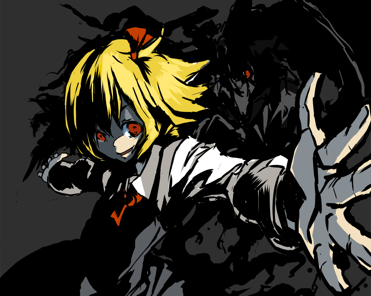 suzuki ritsu, rumia, embodiment of scarlet devil, touhou, 1girl, black theme, blonde hair, darkness, fang, female focus, red eyes, ribbon, short hair, solo, time stop, za warudo