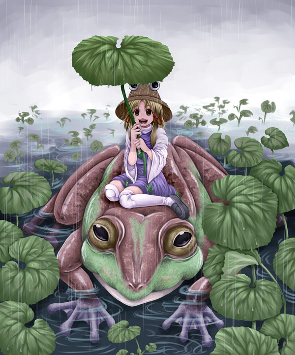 kosagi rie, moriya suwako, touhou, 1girl, female focus, frog, hat, leaf, nature, outdoors, plant, rain, riding, skirt, solo, thighhighs, water
