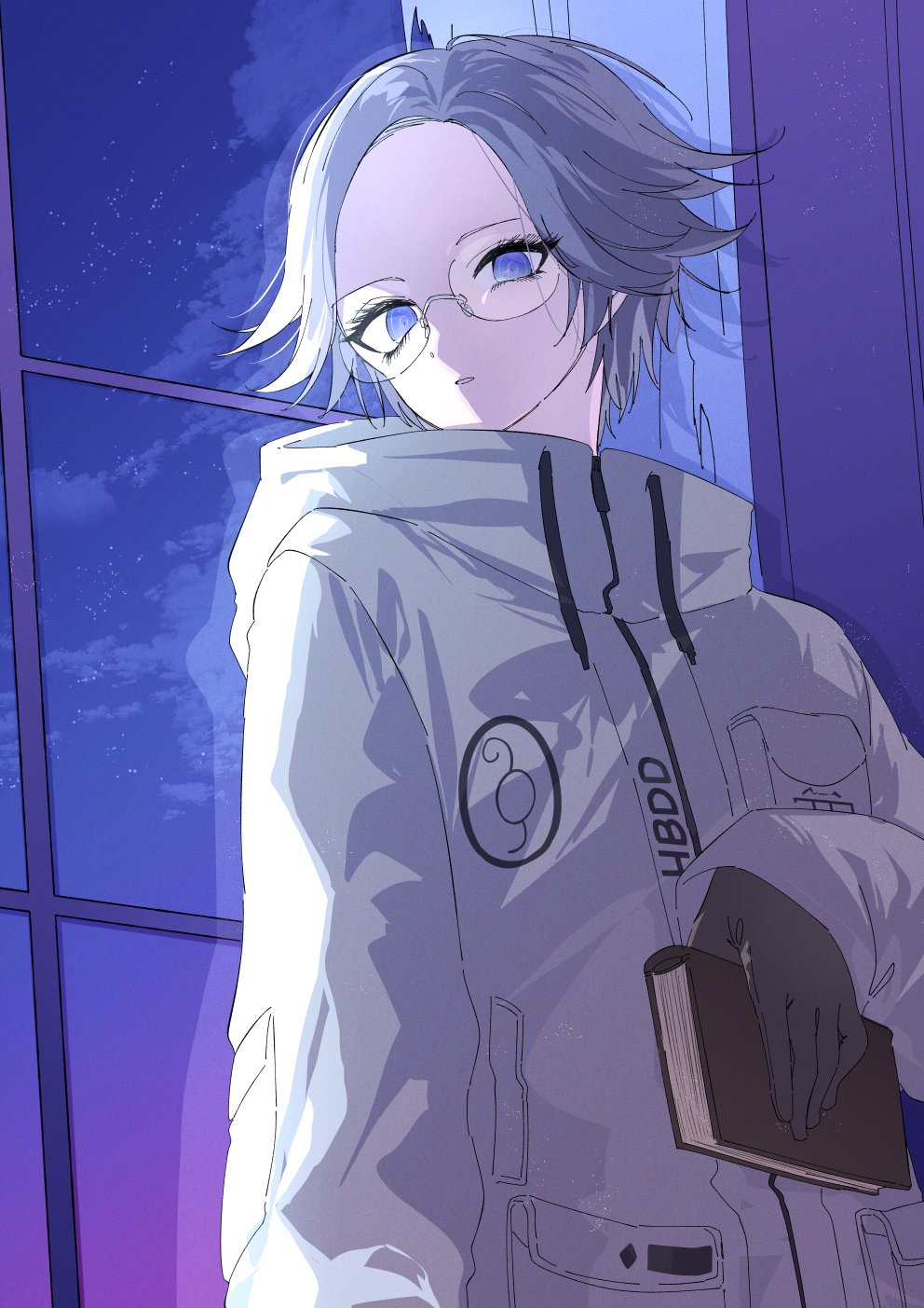 aotsuki eito, the hundred line -last defense academy-, commentary, highres, 1boy, black gloves, blue eyes, book, breast pocket, drawstring, glasses, gloves, grey hair, holding, holding book, indoors, jacket, k arienai, looking at viewer, male focus, parted lips, pocket, ringed eyes, short hair, solo, upper body, white jacket, window