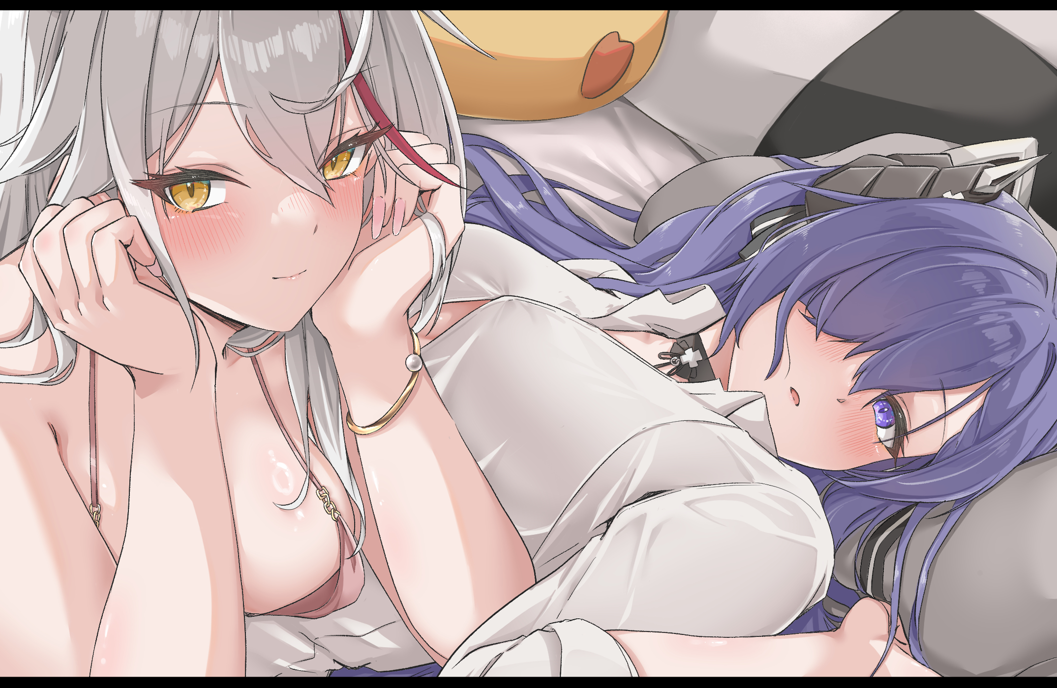 uniazi mikan, aegir (azur lane), aegir (one-on-one leisure time) (azur lane), august von parseval (azur lane), august von parseval (the unhulde's midday respite) (azur lane), azur lane, commentary request, highres, 2girls, black horns, blush, breasts, cleavage, curled horns, dress, evening gown, grey hair, hair between eyes, hair over one eye, hands in own hair, hands on own cheeks, hands on own face, horns, large breasts, long hair, looking at viewer, lying, mechanical horns, multicolored hair, multiple girls, official alternate costume, on back, pink dress, pink nails, plunging neckline, purple eyes, purple hair, red streaks, shirt, slit pupils, streaked hair, white shirt, yellow eyes
