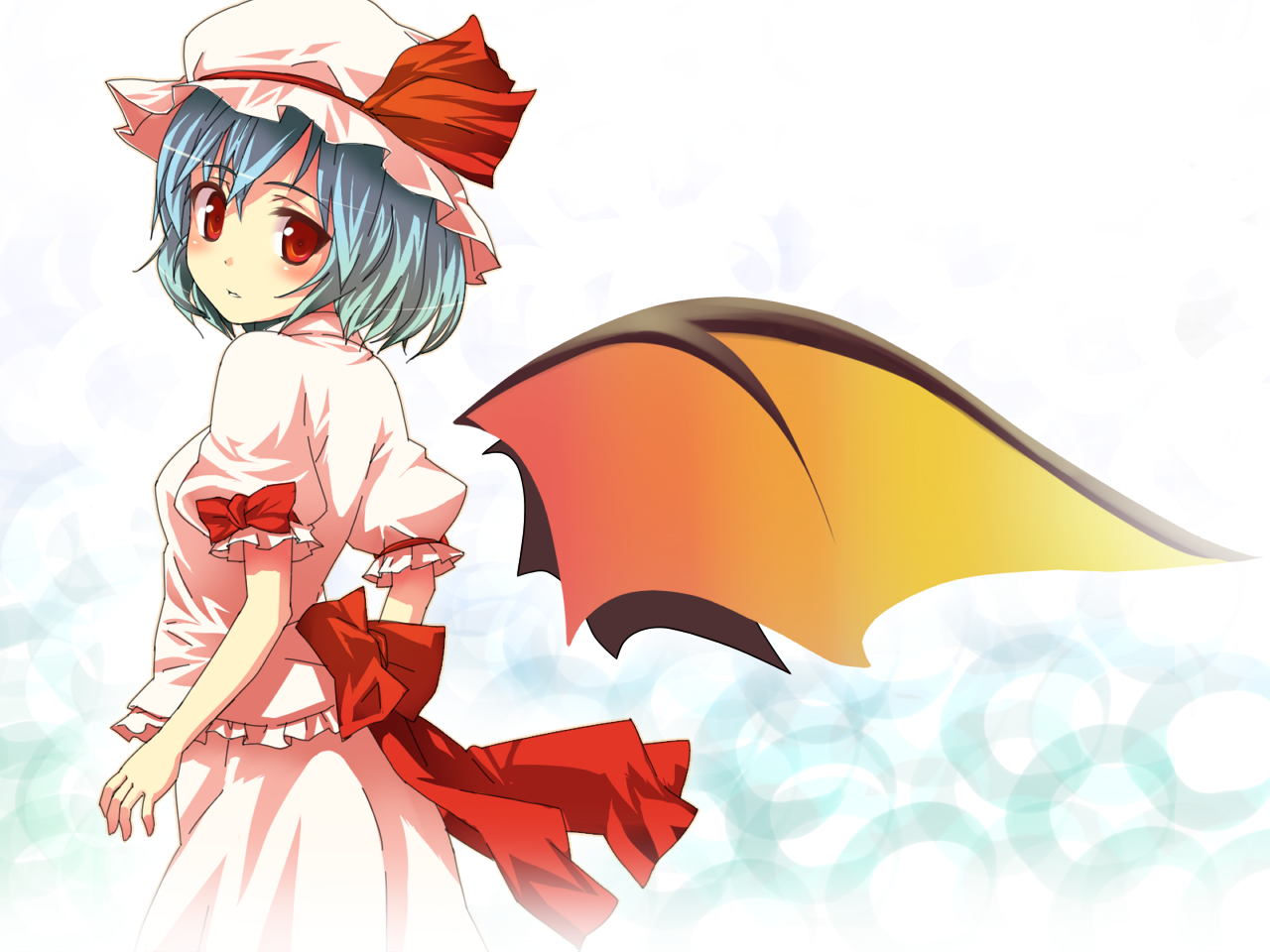doriruman, remilia scarlet, touhou, 1girl, bat wings, blue hair, blush, female focus, hat, red eyes, ribbon, skirt, solo, vampire, white background, wings