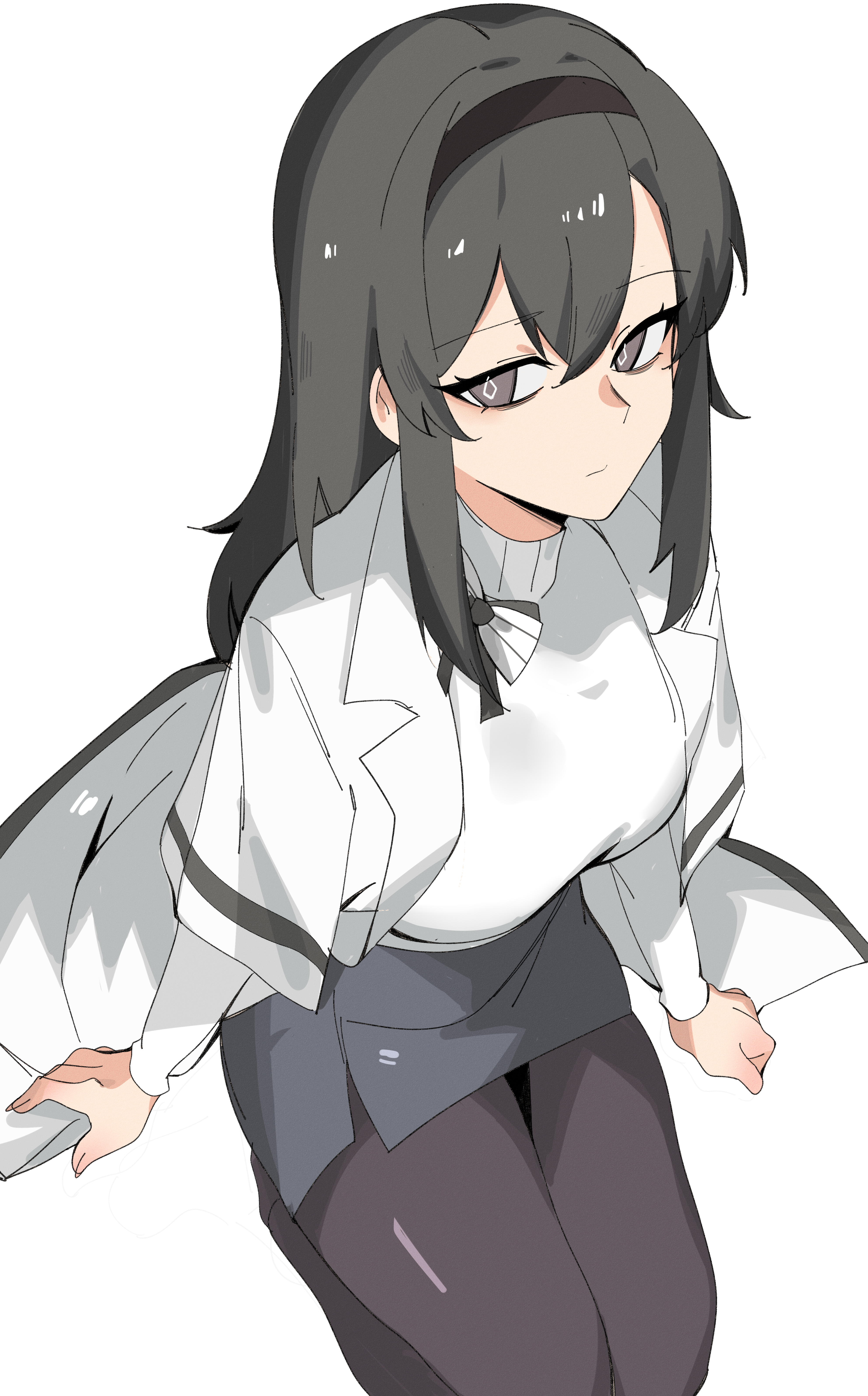 priestess (arknights), arknights, absurdres, commentary, highres, 1girl, black hairband, black pantyhose, black skirt, breasts, closed mouth, coat, diamond-shaped pupils, diamond (shape), expressionless, hairband, lab coat, large breasts, long hair, long sleeves, looking at viewer, miniskirt, pantyhose, simple background, sitting, skirt, solo, sweater, symbol-shaped pupils, turtleneck, turtleneck sweater, vertin, white background, white coat, white sweater
