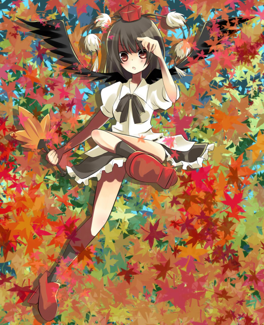 umi (umi02), shameimaru aya, touhou, bad id, bad pixiv id, 1girl, black hair, black wings, blush, female focus, geta, hat, leaf, looking at viewer, open mouth, solo, tengu-geta, wings