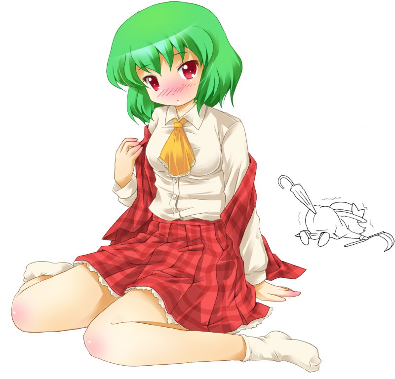 michii yuuki, elly (touhou), kazami yuuka, lotus land story, touhou, touhou (pc-98), 2girls, ascot, blush, closed umbrella, female focus, green hair, multiple girls, off shoulder, pain, plaid clothes, plaid skirt, plaid vest, red eyes, scythe, shirt slip, short hair, sitting, skirt, skirt set, top-down bottom-up, trembling, umbrella, vest, white background