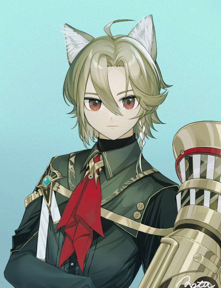 aota (tokidoki cc), bassline (arknights), arknights, 1boy, ahoge, animal ears, ascot, belt, bishounen, black shirt, braid, brooch, collared shirt, expressionless, grey hair, instrument, jewelry, male focus, multicolored hair, red ascot, red eyes, shirt, short hair, side braid, side cape, simple background, streaked hair, tuba, two-tone hair, upper body, wolf boy, wolf ears