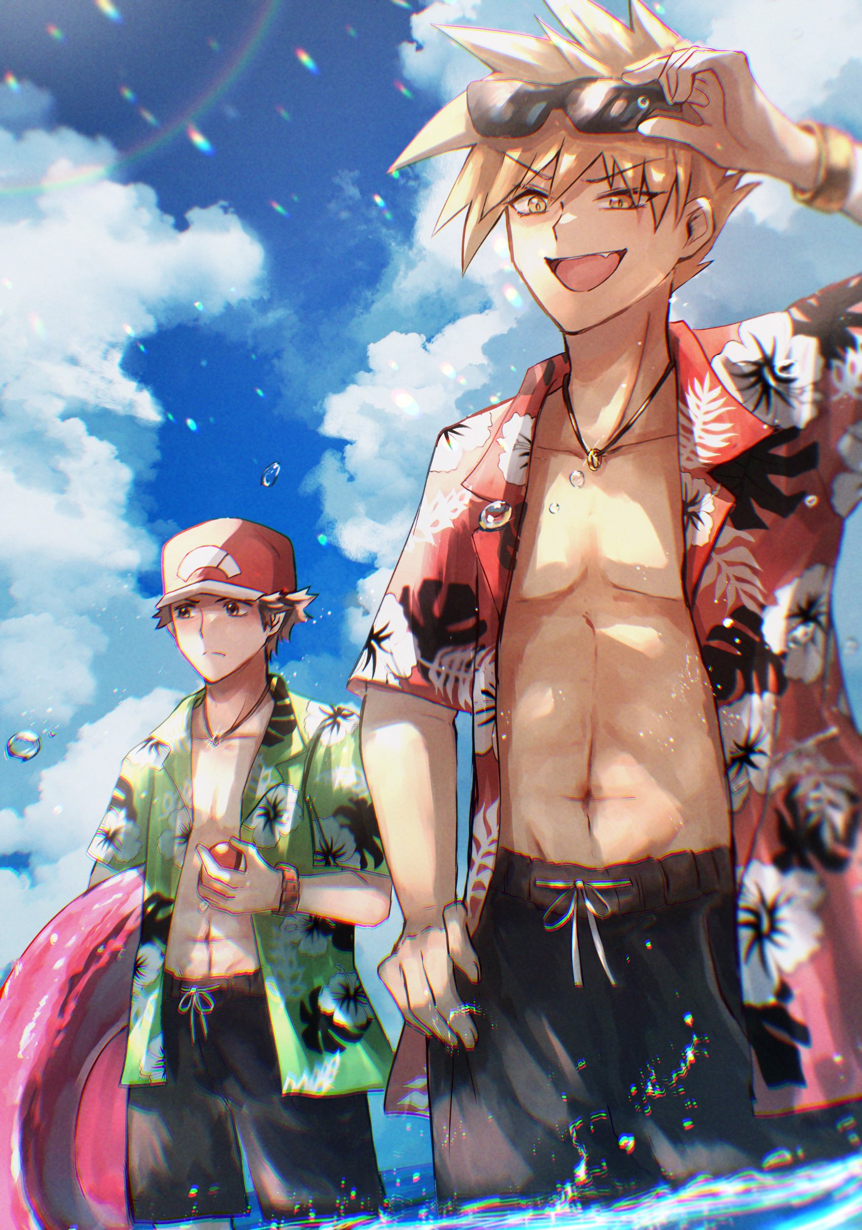 shiruko (s1ruko), blue oak, red (pokemon), nintendo, pokemon, pokemon sm, absurdres, commentary request, highres, 2boys, :d, abs, alternate costume, blonde hair, cloud, collarbone, collared shirt, day, eyewear on head, fang, floral print, green shirt, hat, holding, holding poke ball, innertube, jewelry, male focus, male swimwear, multiple boys, navel, necklace, open clothes, open mouth, open shirt, outdoors, pectorals, poke ball, poke ball (basic), red hat, shirt, short hair, sky, smile, spiked hair, sunglasses, swim ring, swim trunks, tongue, water drop, yellow eyes