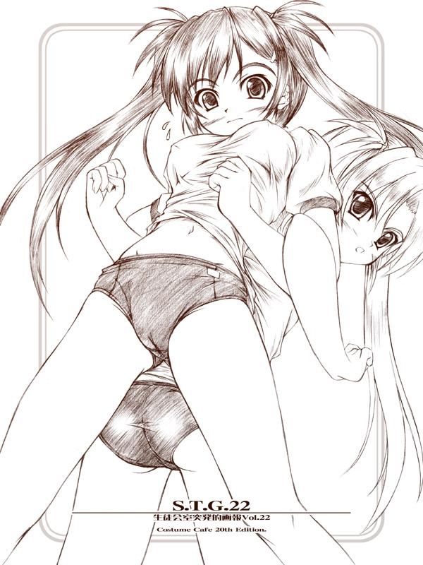 akimoto dai, original, 2girls, ass, assisted stretching, back-to-back, breasts, buruma, cameltoe, gym uniform, lifting person, locked arms, medium breasts, monochrome, multiple girls, navel, stretching, twintails