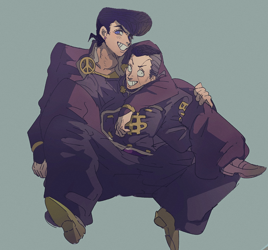 tirauraja, higashikata josuke, nijimura okuyasu, diamond wa kudakenai, jojo no kimyou na bouken, commentary request, 2boys, arm around neck, black hair, black jacket, black pants, blue eyes, collared jacket, dollar sign, earrings, facial mark, gakuran, grey background, grin, jacket, jewelry, long sleeves, male focus, multiple boys, pants, peace symbol, piercing, pompadour, school uniform, shoes, short hair, simple background, smile, stud earrings, teeth