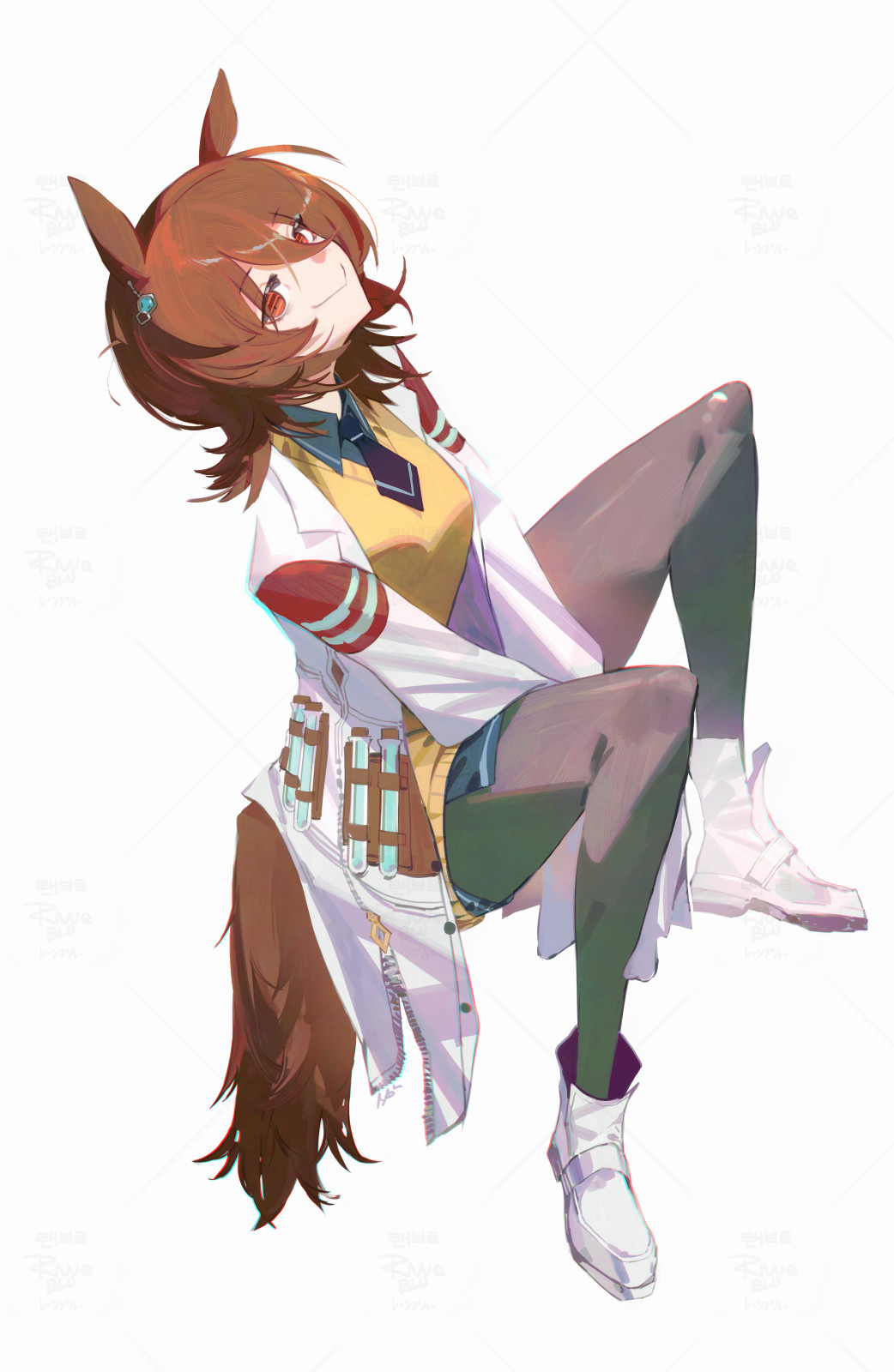 raneblu, agnes tachyon (umamusume), umamusume, highres, 1girl, animal ears, black necktie, black pantyhose, boots, breasts, brown hair, closed mouth, collared shirt, earrings, full body, hair between eyes, head back, horse ears, horse girl, horse tail, invisible chair, jewelry, lab coat, looking at viewer, medium hair, necktie, pantyhose, red eyes, shirt, short necktie, simple background, single earring, sitting, sleeves past fingers, sleeves past wrists, small breasts, smile, solo, sweater, sweater vest, tail, test tube, v arms, white background, white boots, yellow sweater