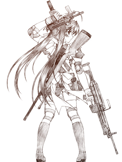 akimoto dai, 1girl, asymmetrical dual wielding, boots, brown theme, combat maid, dual wielding, elbow pads, female focus, gloves, gun, handgun, holding, holding gun, holding weapon, knee pads, light machine gun, m249 saw, machine gun, maid, monochrome, pistol, ribbon, rifle, sniper rifle, solo, squad automatic weapon, submachine gun, thighhighs, trigger discipline, twintails, weapon, weapon on back