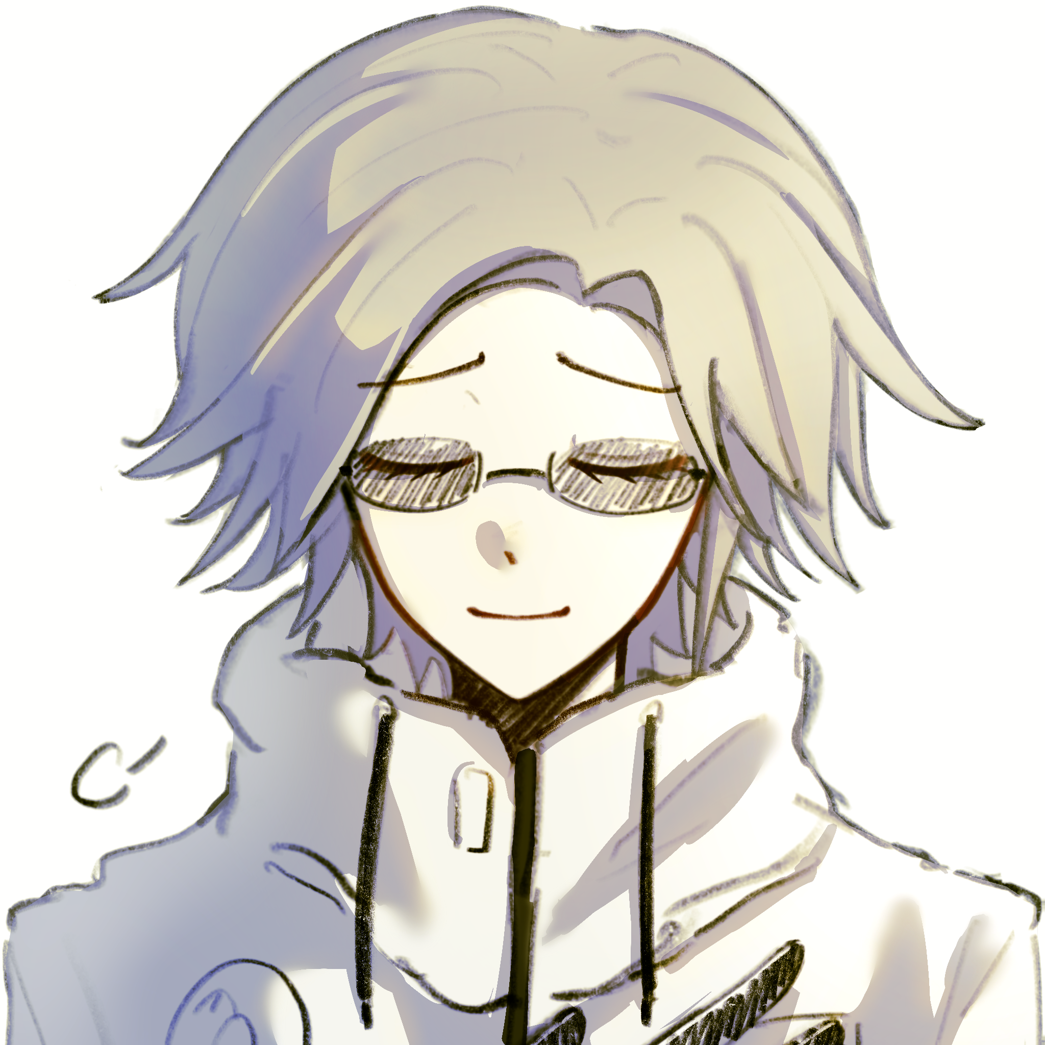 aotsuki eito, the hundred line -last defense academy-, chinese commentary, commentary request, highres, variant set, 1boy, bailian59473, black gloves, blank speech bubble, closed eyes, facing viewer, gloves, grey hair, hand on own chest, hand up, jacket, male focus, portrait, short hair, simple background, solo, speech bubble, sunglasses, white background, white jacket
