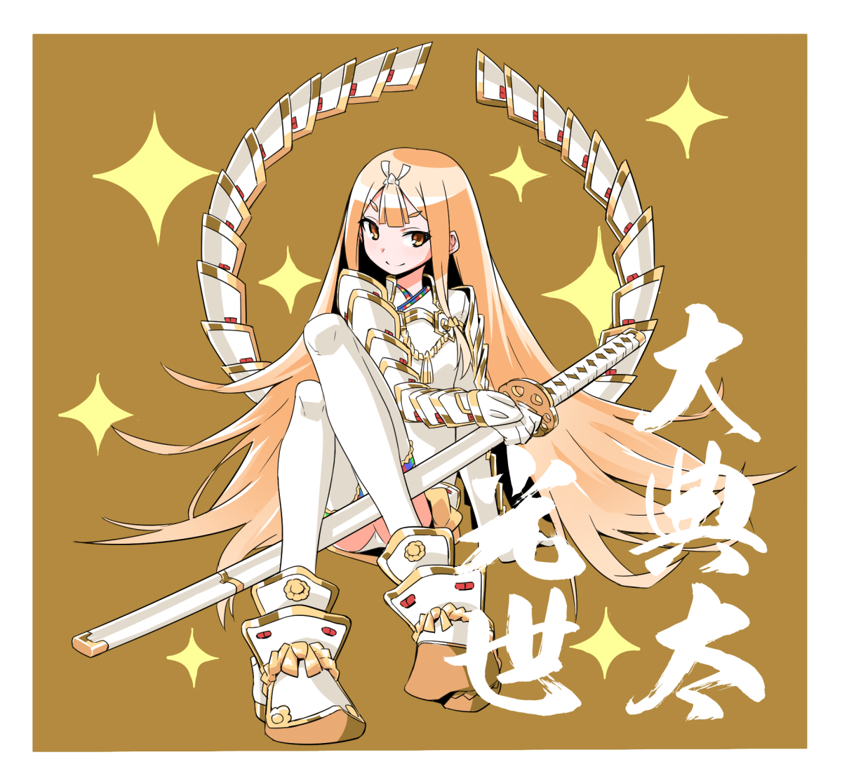 raigou, tenka hyakken, 1girl, arm armor, blonde hair, border, brown background, holding, holding sword, holding weapon, jacket, katana, leggings, long hair, long sleeves, low-tied sidelocks, official alternate costume, oodenta mitsuyo (tenka hyakken), shoes, sidelocks, solo, sparkle background, sword, weapon, white border, white leggings, white shoes, yellow eyes