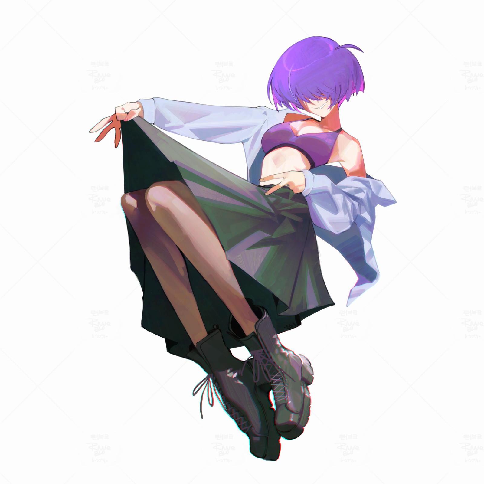 raneblu, mara (raneblu), original, highres, 1girl, bare shoulders, black boots, black skirt, boots, breasts, brown pantyhose, cleavage, closed mouth, full body, hair over eyes, lace-up boots, off shoulder, open mouth, pantyhose, purple hair, shirt, short hair, simple background, skirt, skirt hold, small breasts, smile, solo, sports bra, v, white background, white shirt