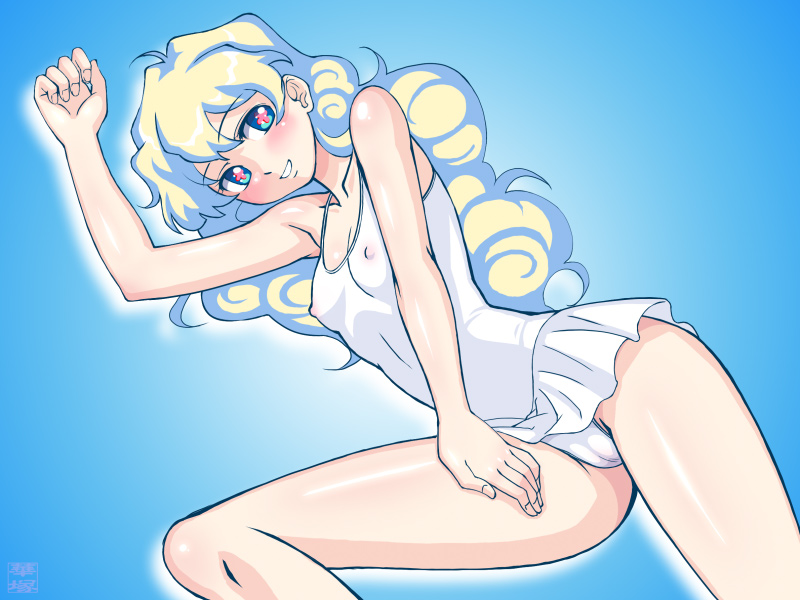 hanazuka ryouji, nia teppelin, tengen toppa gurren lagann, + +, 00s, 1girl, blush, breasts, cameltoe, covered erect nipples, cross-shaped pupils, female focus, flat chest, legs, long hair, lying, on side, one-piece swimsuit, see-through clothes, simple background, small breasts, smile, solo, swimsuit, symbol-shaped pupils, very long hair, white one-piece swimsuit