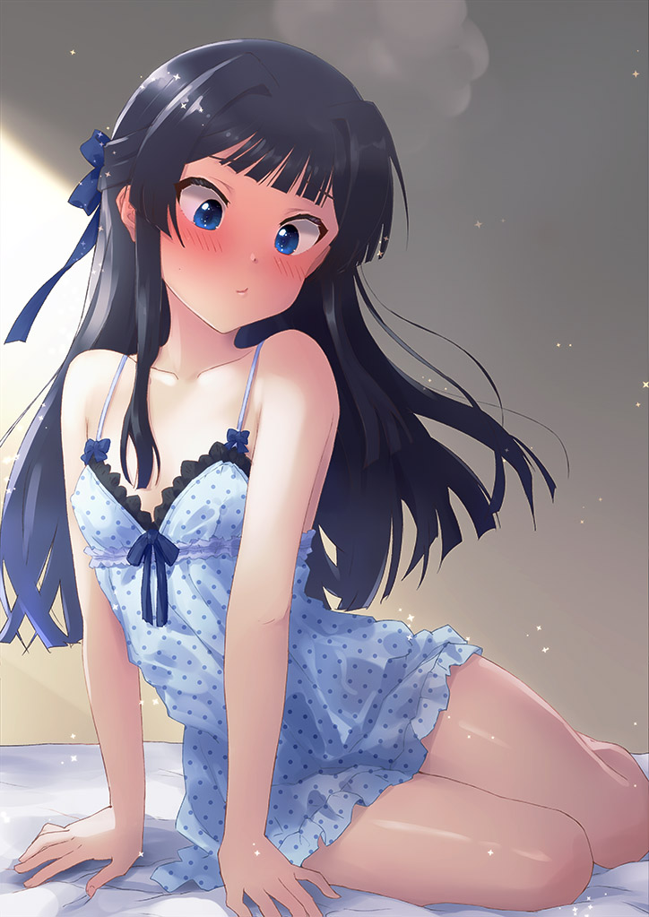 ikamagu, mogami shizuka, idolmaster, idolmaster million live!, 1girl, arm support, babydoll, black hair, blue babydoll, blue eyes, blush, breasts, closed mouth, collarbone, half updo, indoors, long hair, looking down, on bed, small breasts, solo
