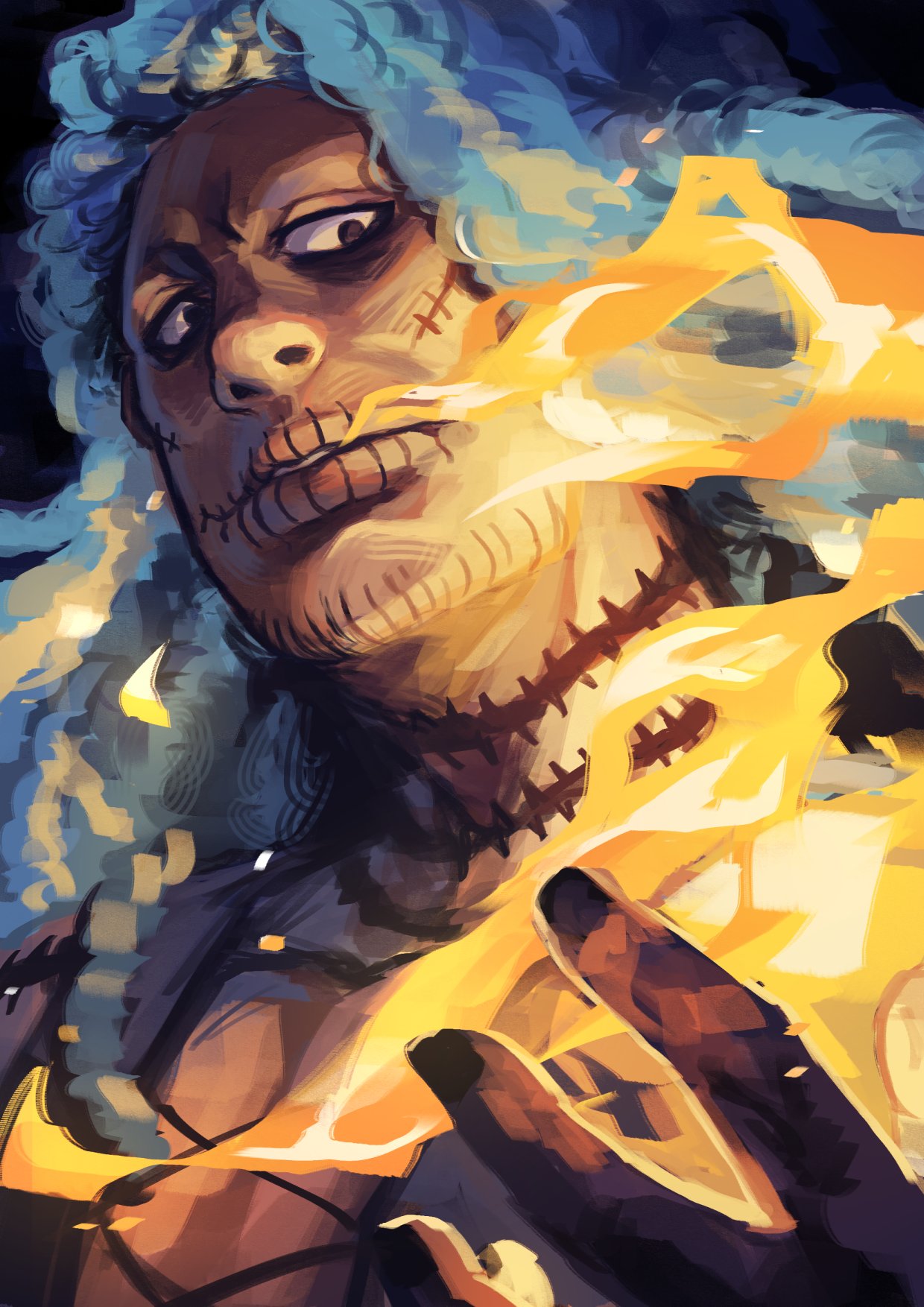 attyrocious, heat (one piece), one piece, commentary, english commentary, highres, making-of available, 1boy, black background, black eyes, black nails, blue hair, fire, long hair, looking at viewer, male focus, simple background, solo, stitched face, stitches, upper body