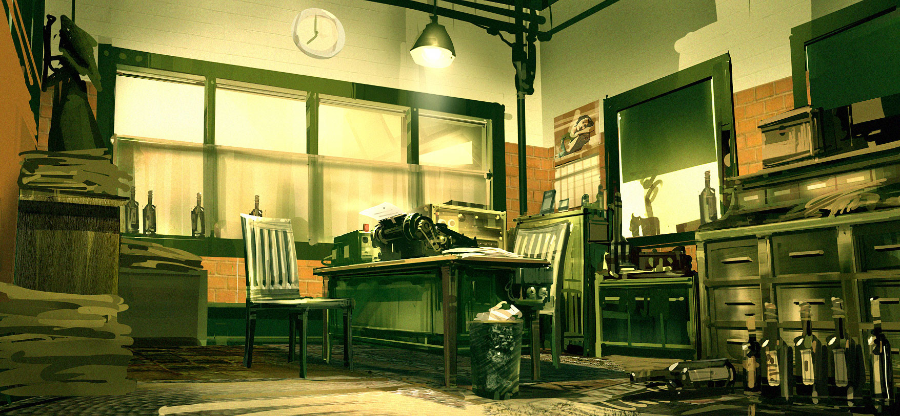 ben lo, bioshock, bioshock (series), bioshock infinite, highres, alcohol, analog clock, calendar (object), ceiling light, chair, chest of drawers, clock, drawer, glass bottle, green theme, indoors, limited palette, no humans, office, painterly, paper stack, plant, potted plant, projector, scenery, trash can, typewriter, window blinds, wooden chair, wooden desk