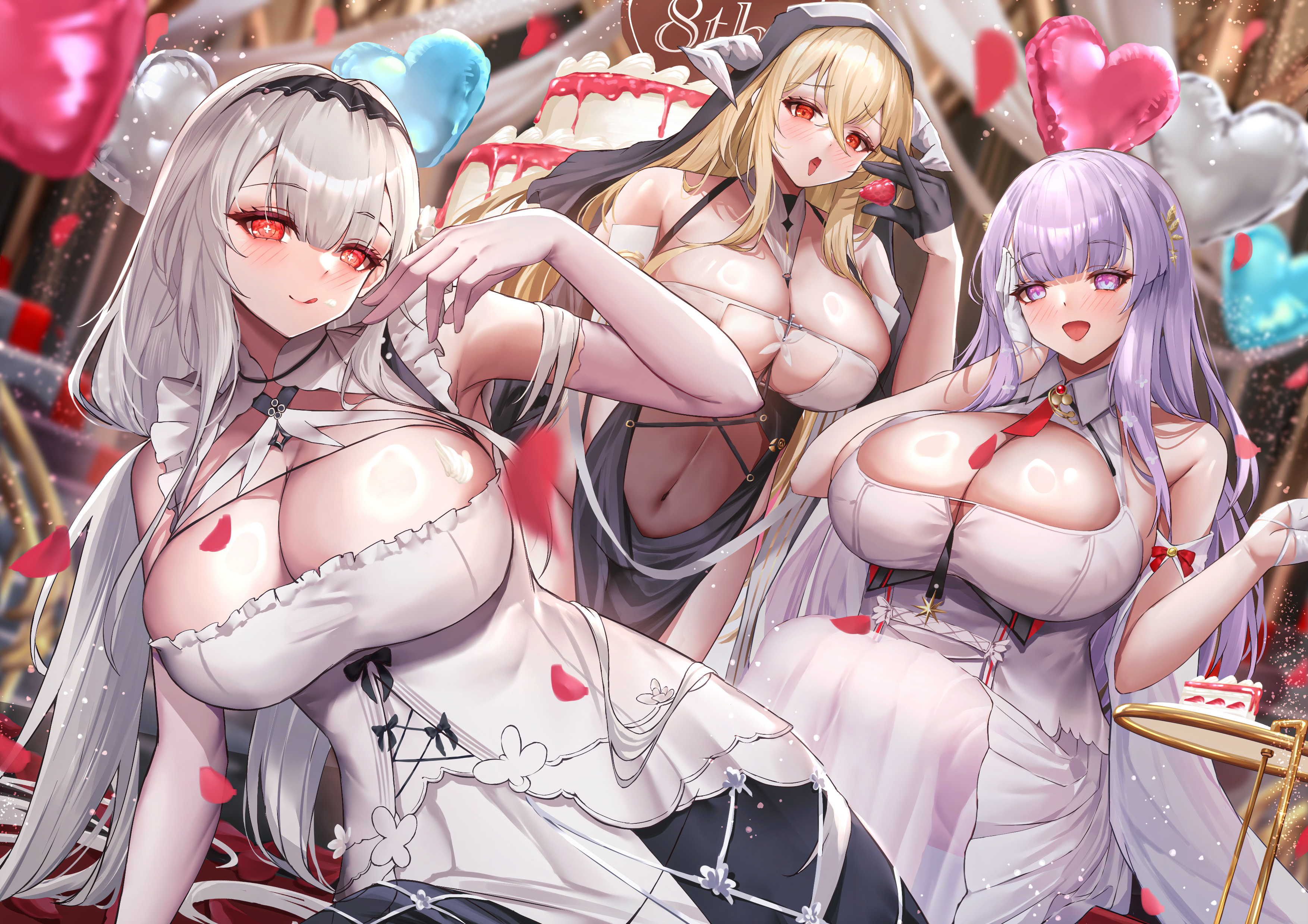 kirisamede gzr, implacable (azur lane), plymouth (azur lane), scylla (azur lane), azur lane, absurdres, commentary request, highres, 3girls, balloon, bare shoulders, black gloves, black veil, blonde hair, breast cutout, breasts, cake, cleavage, cleavage cutout, clothing cutout, covered navel, cross-shaped pupils, dress, fake horns, falling petals, food, gloves, hair between eyes, half gloves, hand on own cheek, hand on own face, heart balloon, horns, huge breasts, indoors, layer cake, leaning to the side, long hair, looking at viewer, multiple girls, navel, nun, official alternate costume, open mouth, pelvic curtain, petals, purple eyes, purple hair, red eyes, revealing clothes, rose petals, shiny skin, sleeveless, sleeveless dress, smile, strawberry shortcake, symbol-shaped pupils, two-tone dress, veil, very long hair, white dress, white gloves, white hair, white horns