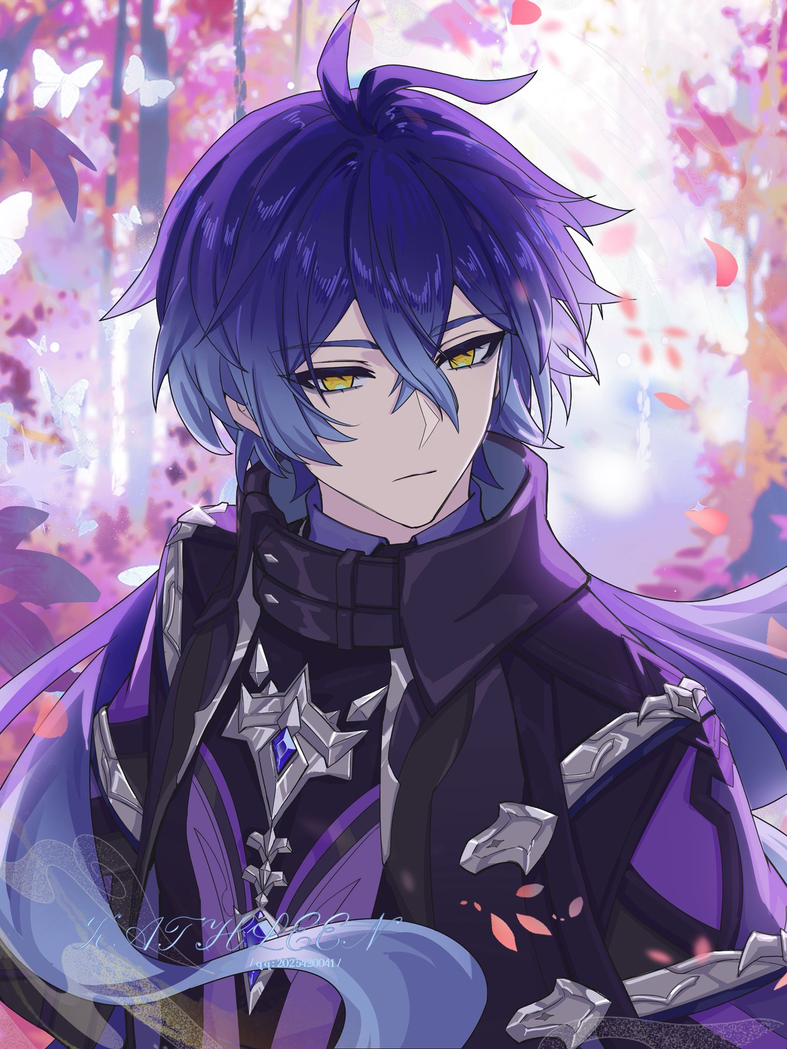 flins (genshin impact), genshin impact, hashtag-only commentary, highres, 1boy, antenna hair, blue hair, closed mouth, collared coat, gradient hair, hair between eyes, kathlee49909232, long hair, male focus, multicolored hair, solo, upper body, white hair, yellow eyes