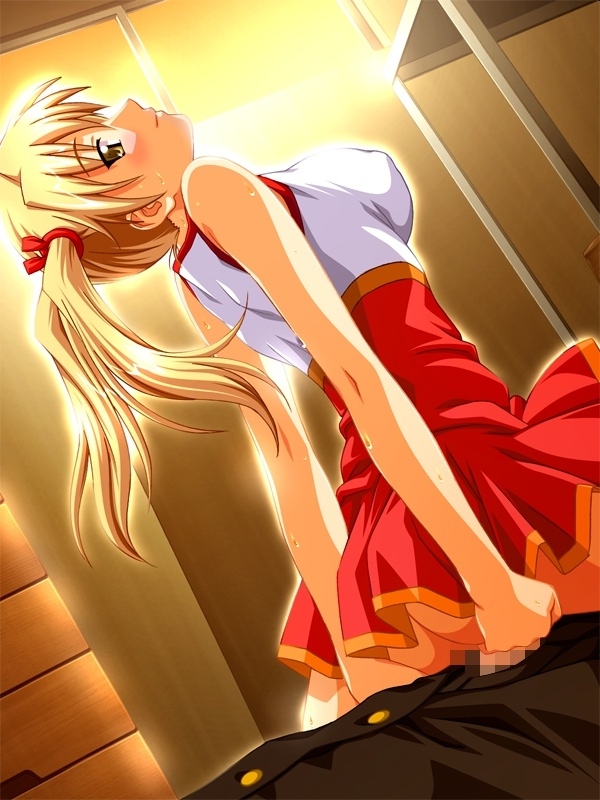 eyebrows, 1boy, 1girl, blonde hair, blush, breasts, brown eyes, censored, clothed sex, from below, girl on top, hetero, indoors, large breasts, long hair, looking at viewer, looking back, mosaic censoring, penis, sex, smile, solo focus, twintails, vaginal