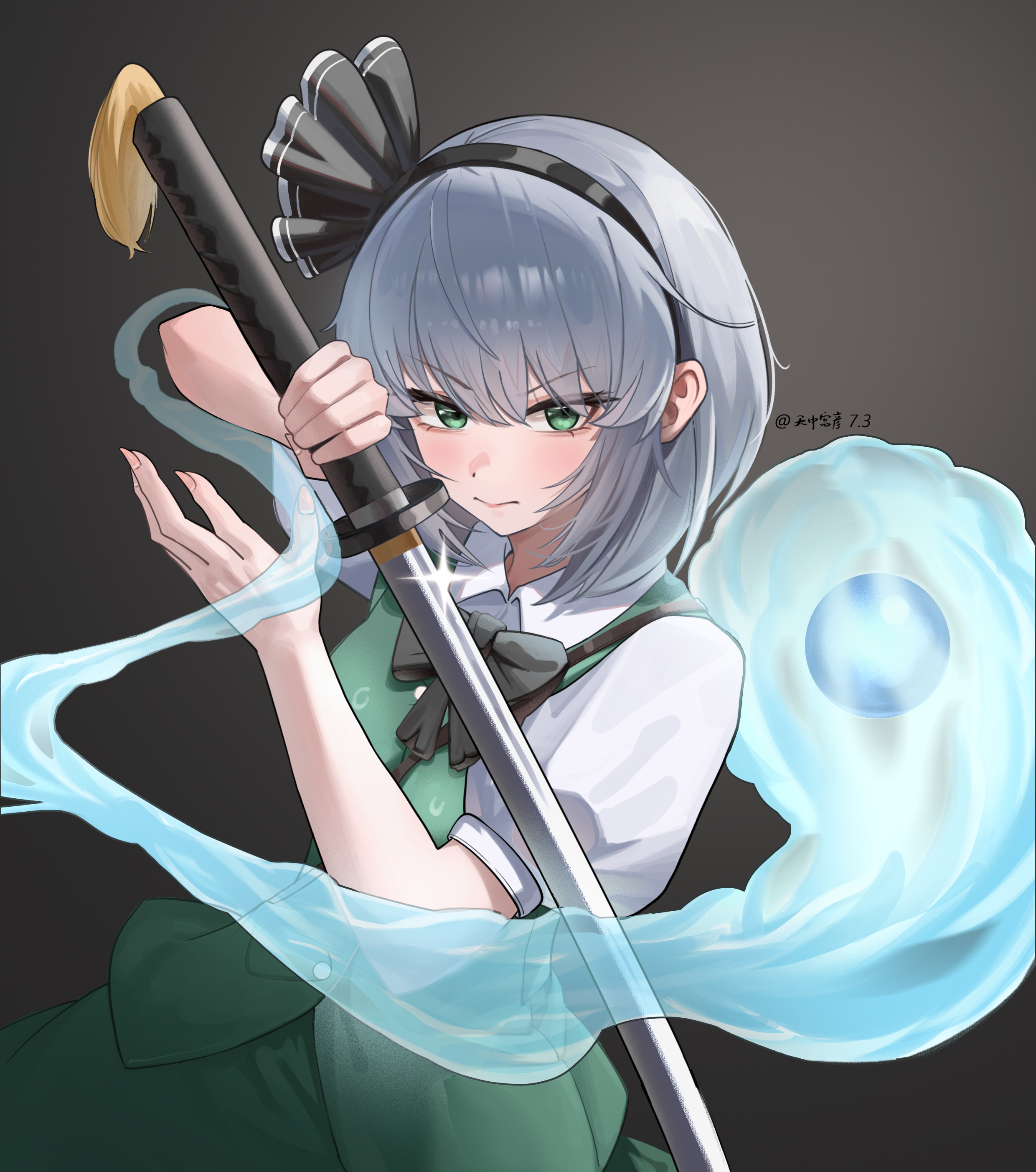 konpaku youmu, konpaku youmu (ghost), touhou, absurdres, chinese commentary, commentary request, highres, 1girl, black bow, black bowtie, black hairband, blush, bow, bowtie, closed mouth, collared shirt, glint, gloves, green eyes, green skirt, green vest, grey hair, hairband, hitodama, holding, holding sword, holding weapon, katana, looking at viewer, puffy short sleeves, puffy sleeves, shirt, short sleeves, skirt, skirt set, smile, solo, sword, tian zhong gong yan, vest, weapon, white gloves