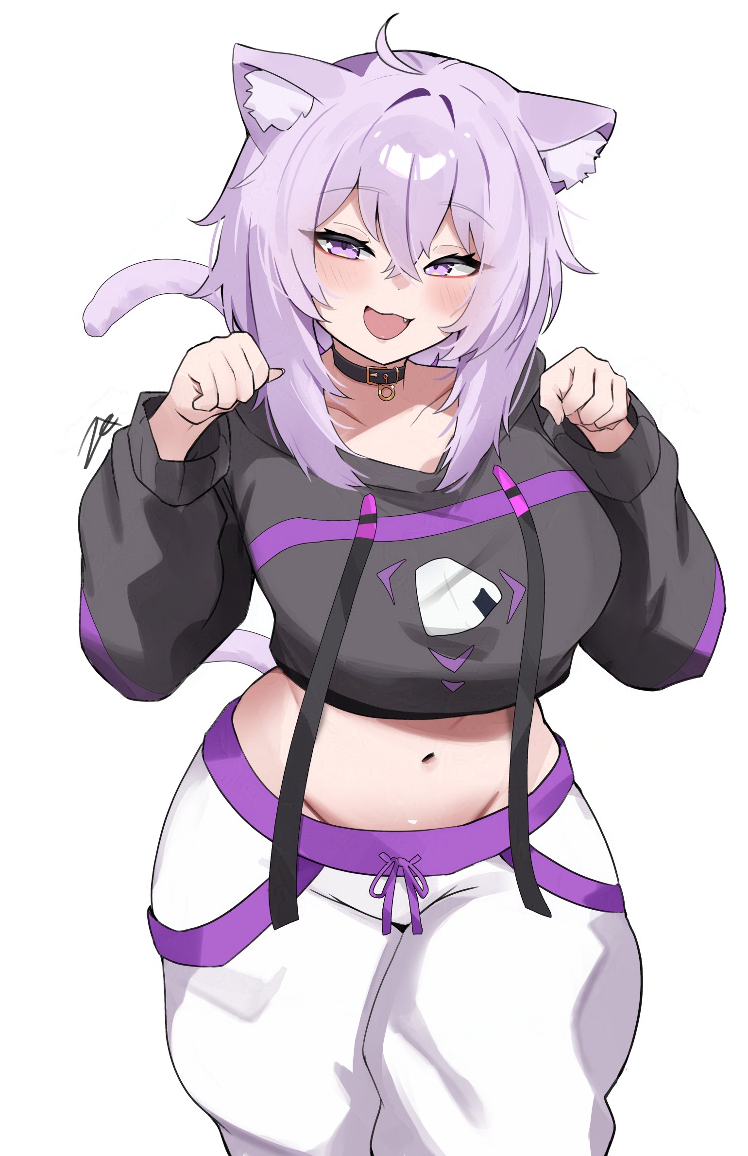 zet (twt zet), nekomata okayu, nekomata okayu (1st costume), hololive, highres, 1girl, animal ears, black hoodie, blush, breasts, cat ears, cat girl, cat tail, cowboy shot, hood, hoodie, large breasts, medium hair, midriff, open mouth, pants, purple eyes, purple hair, purple tail, simple background, solo, tail, virtual youtuber, white background, white pants