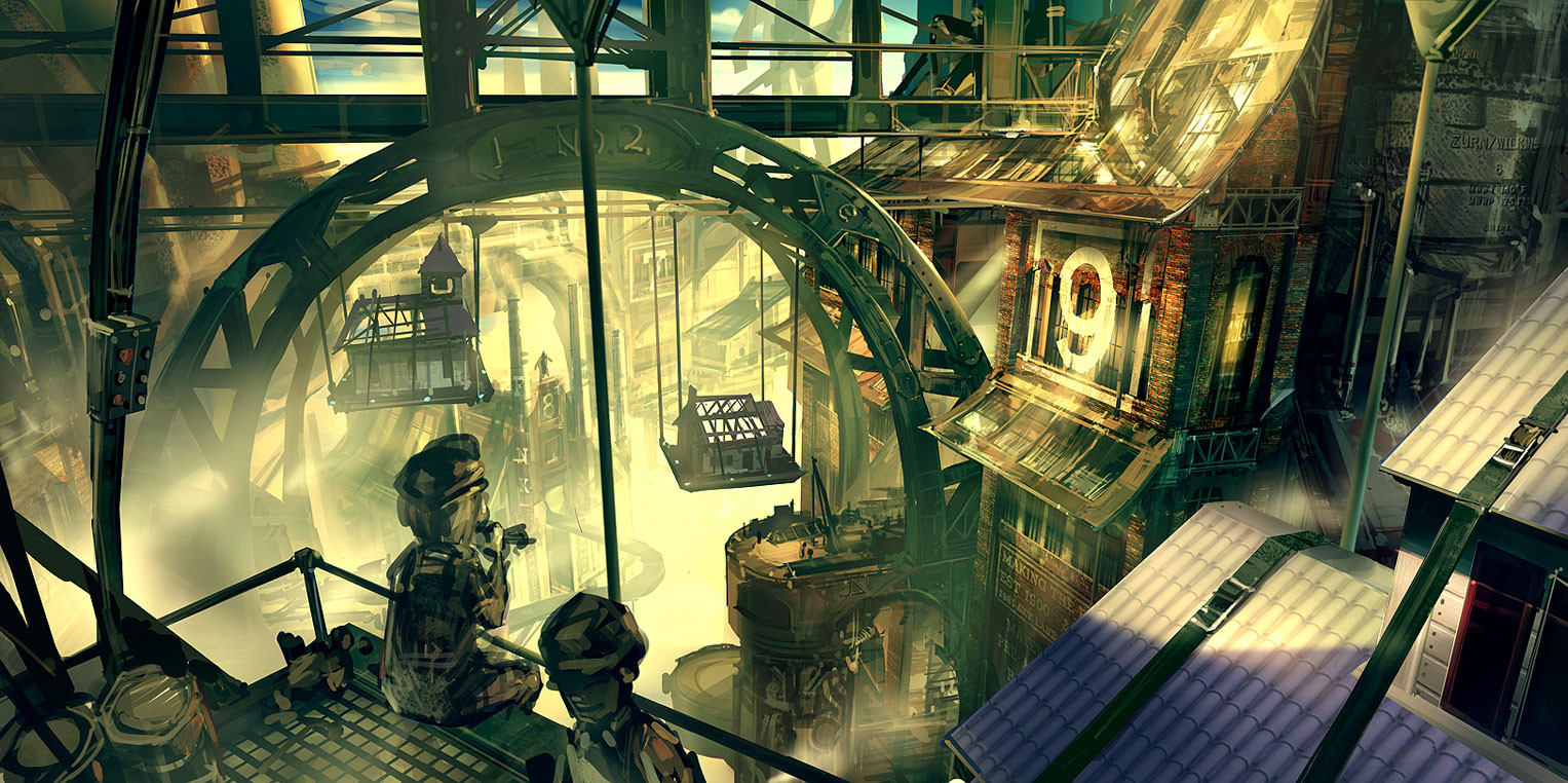ben lo, bioshock, bioshock (series), bioshock infinite, 2others, atmospheric perspective, belt, blurry, bridge, castle, cloud, cloudy sky, construction, day, depth of field, faceless, fog, from above, grate, hat, multiple others, paint can, painterly, road, scenery, sitting, sky, smoking, suspension