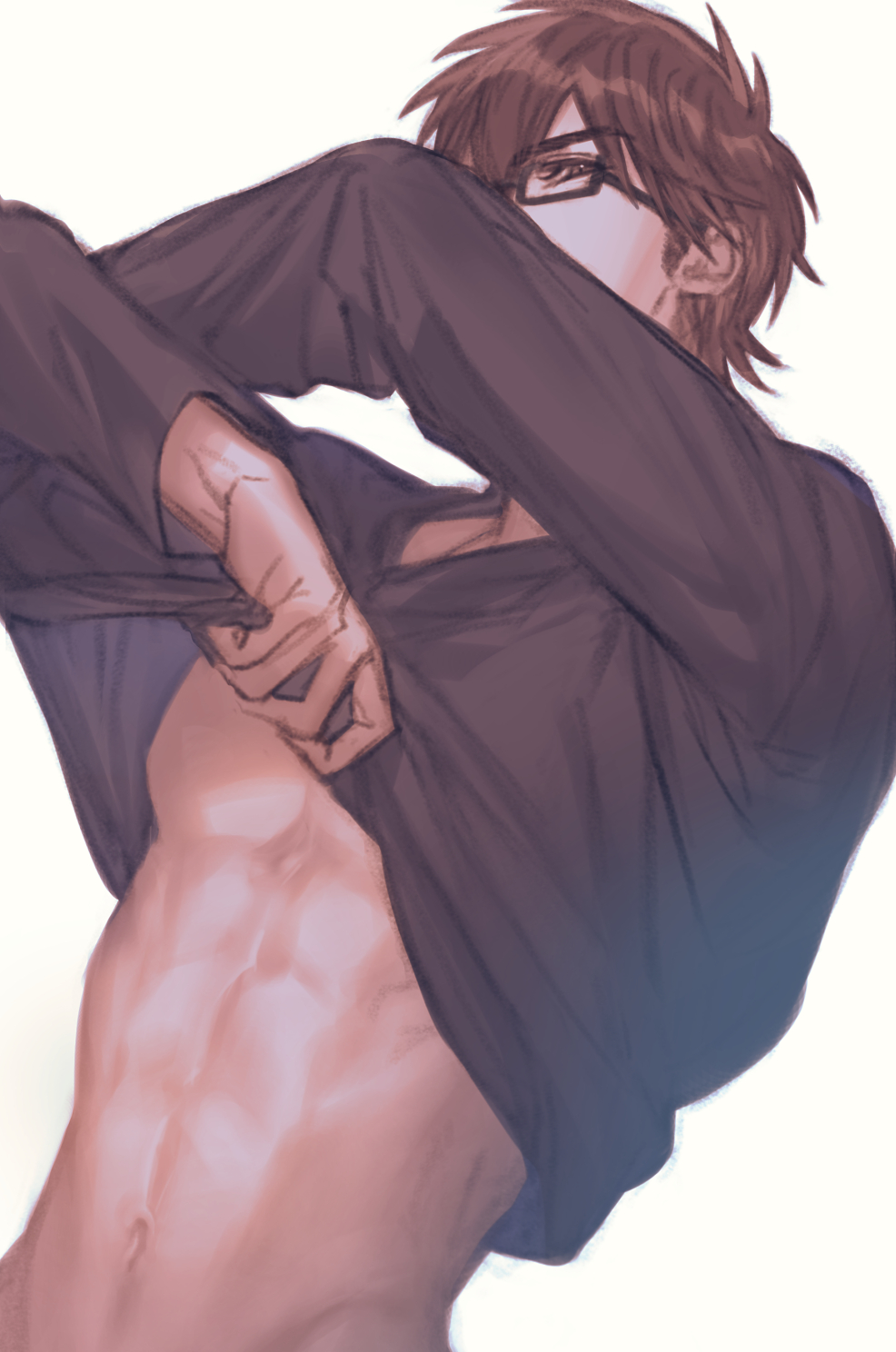 miyuki kazuya, ace of diamond, commentary request, highres, 1boy, abs, black-framed eyewear, black shirt, brown eyes, brown hair, fuko tyo, glasses, long sleeves, male focus, navel, no nipples, shirt, short hair, simple background, solo, toned, toned male, undressing, upper body, white background