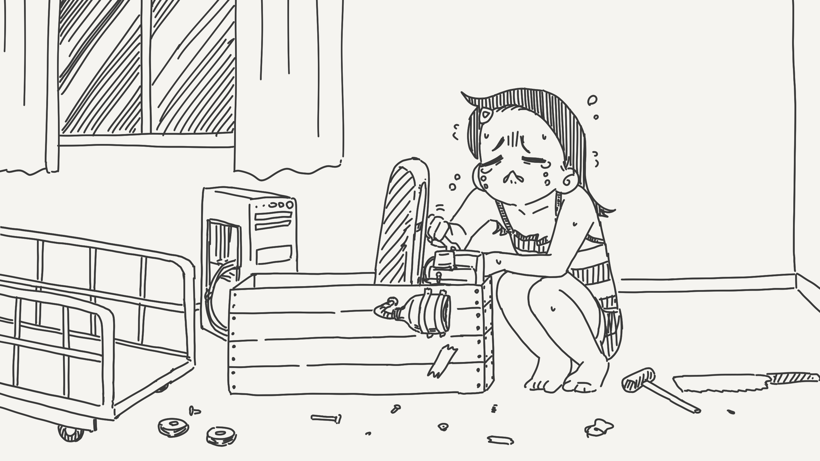 horideiyasumi, original, commentary, highres, 1girl, barefoot, biting own lip, black hair, bolt (hardware), camisole, computer, computer tower, crying, engine, greyscale, hair ornament, hairclip, hammer, medium hair, monochrome, nail (hardware), nut (hardware), saw, saw cleaver, striped camisole, tape, tears, time machine, wagon, wooden box, wrench