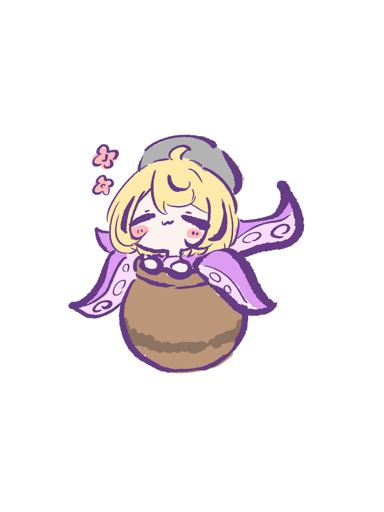 yidhari (zenless zone zero), zenless zone zero, relaxing, highres, blonde hair, blush, closed eyes, closed mouth, flower, happy, hat, jar, kesiutu, octopus, short hair, sitting, tentacles, wavy mouth, white background