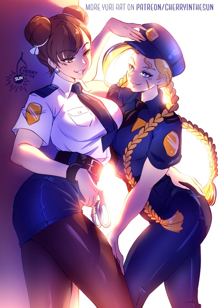 cherry in the sun, cammy white, chun-li, capcom, street fighter, commentary, english commentary, 2girls, artist name, black necktie, blonde hair, blue eyes, blue hat, blue pants, blue shirt, blue skirt, braid, breast press, breasts, brown eyes, brown hair, double bun, earrings, facial scar, grin, hair bun, hand on another's ass, hand on another's leg, hat, jewelry, long hair, looking at another, medium breasts, multiple girls, necktie, pants, pantyhose, police, police hat, police uniform, policewoman, scar, scar on cheek, scar on face, shirt, short sleeves, signature, skirt, smile, twin braids, watermark, web address, yuri