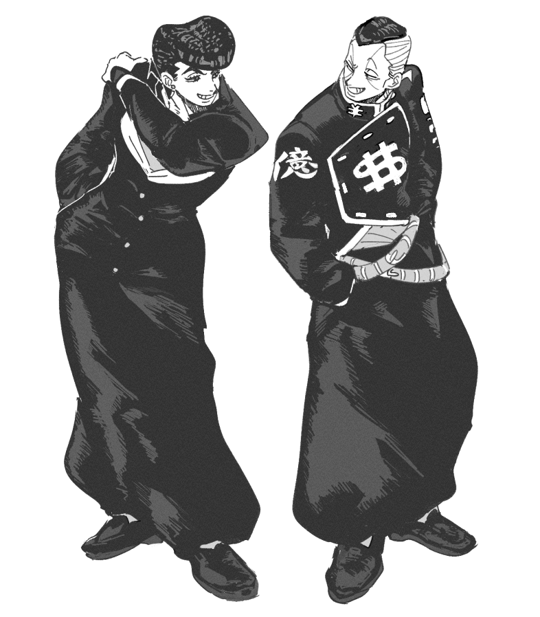 tirauraja, higashikata josuke, nijimura okuyasu, diamond wa kudakenai, jojo no kimyou na bouken, 2boys, arm up, belt, buttons, dollar sign, eye contact, facial mark, full body, gakuran, grey background, grin, hands in pockets, jacket, long sleeves, looking at another, looking to the side, male focus, multiple belts, multiple boys, pants, pompadour, school uniform, shoes, short hair, simple background, smile, teeth, yen sign